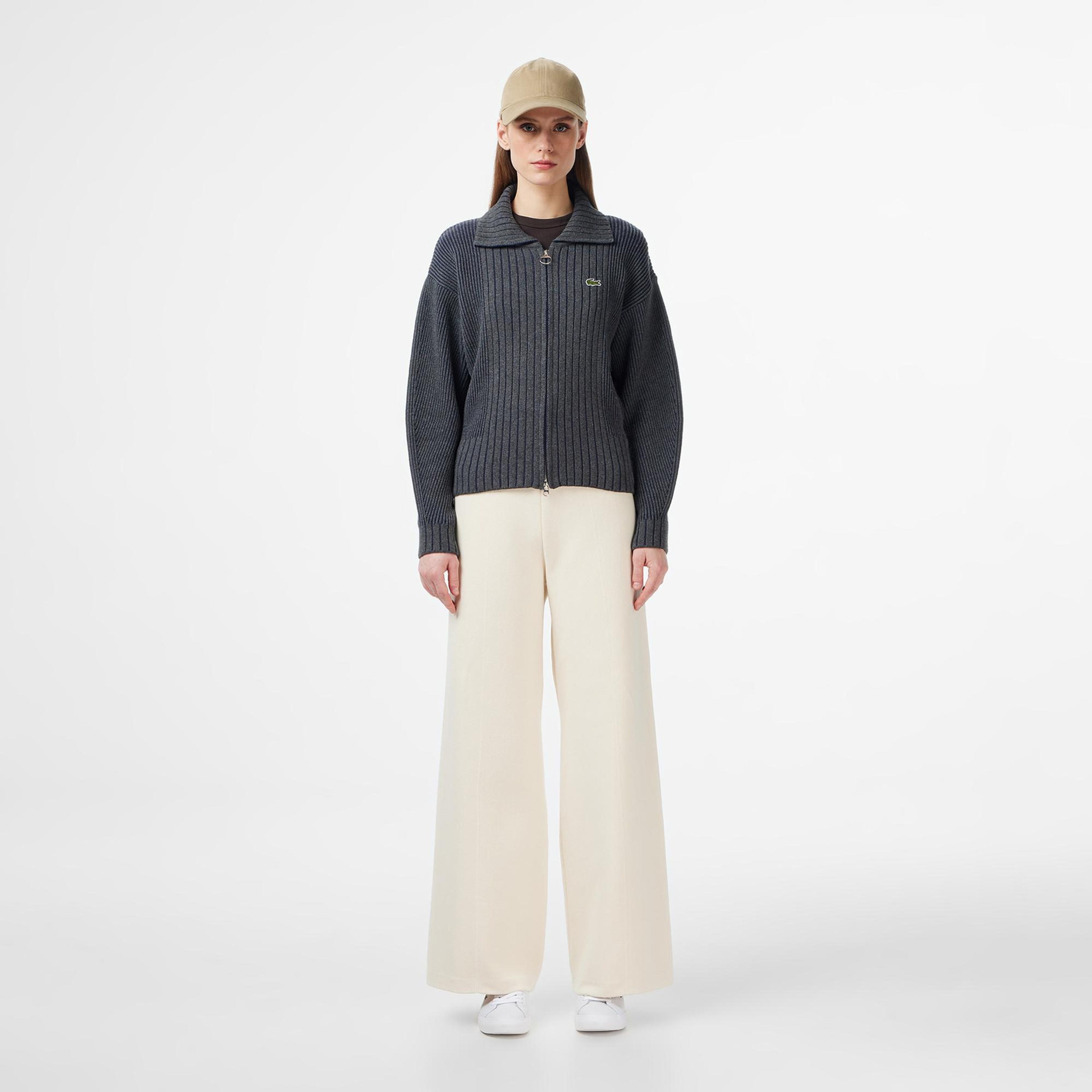 Lacoste Kadın Relaxed Fit Fermuarlı Gri Hırka