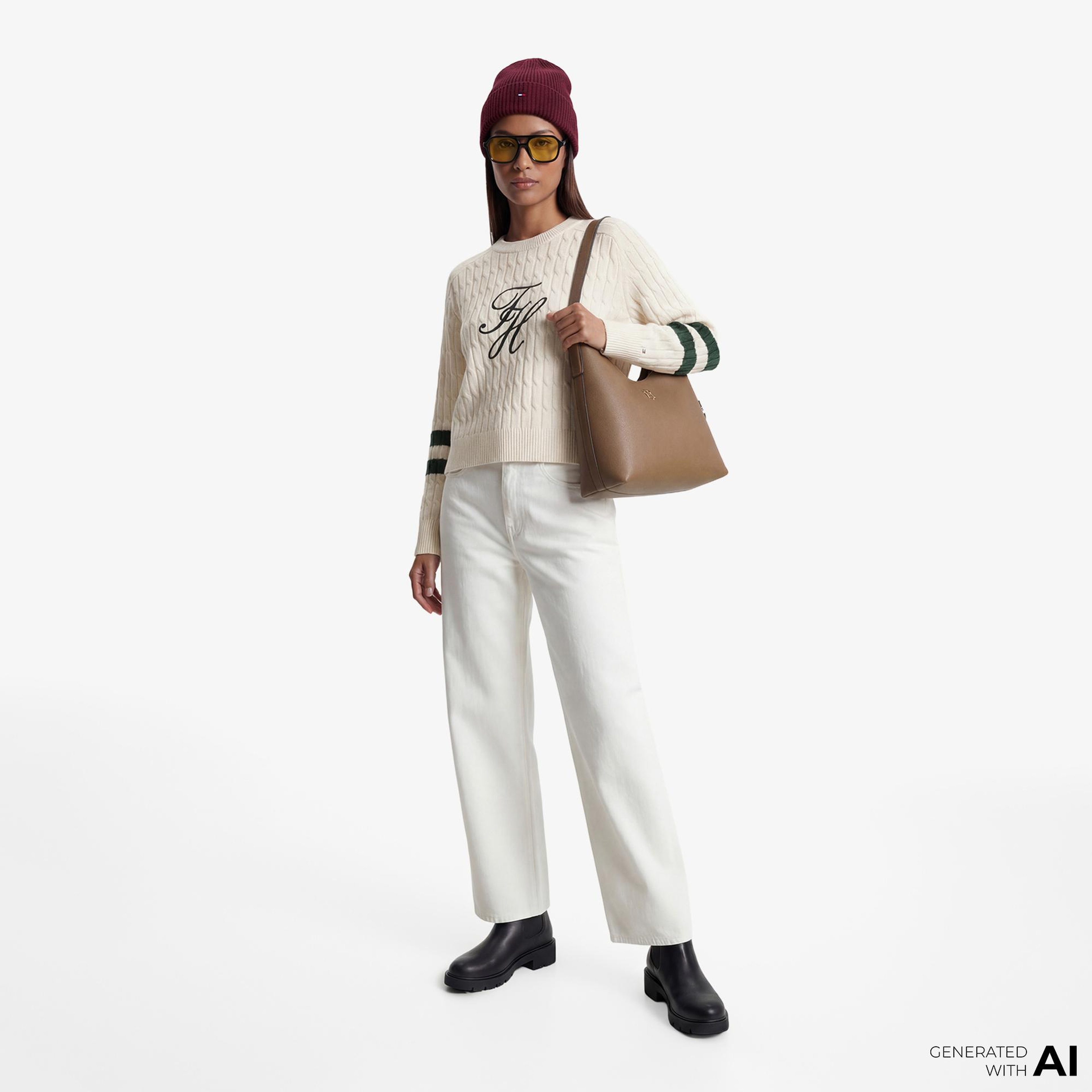 Tommy Hilfiger Textured Graphic Kadın Bej Triko