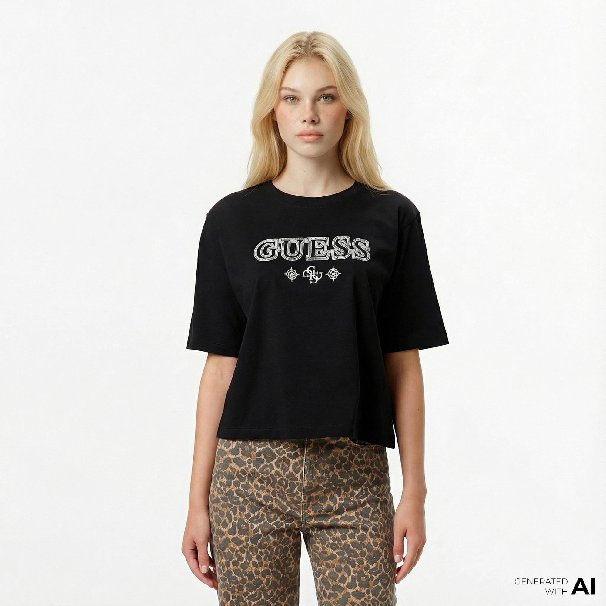 Guess Gloria Boxy Fit Kadın Siyah T-Shirt