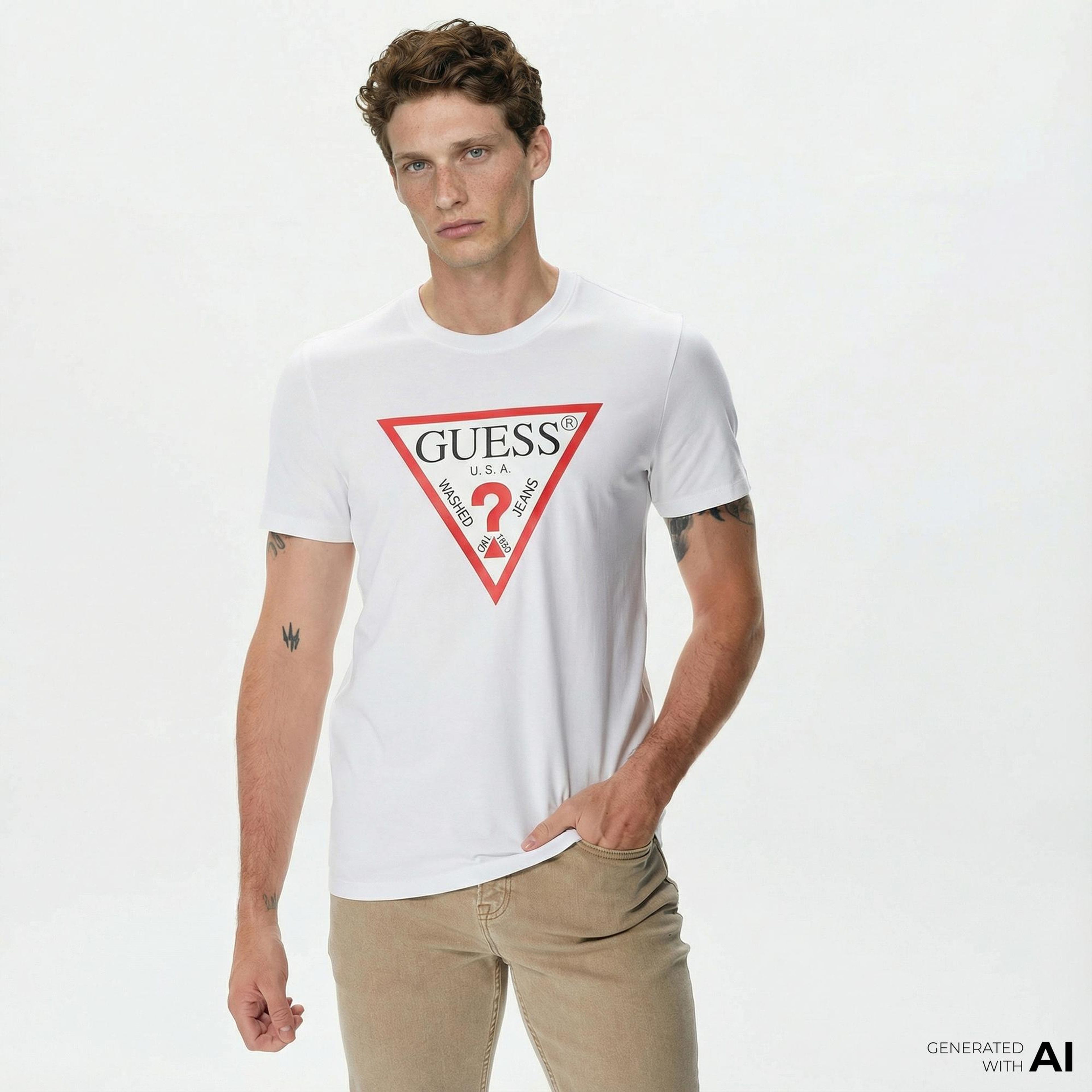 Guess Original Logo Mid Organic Stream Jersey Erkek Beyaz T-Shirt