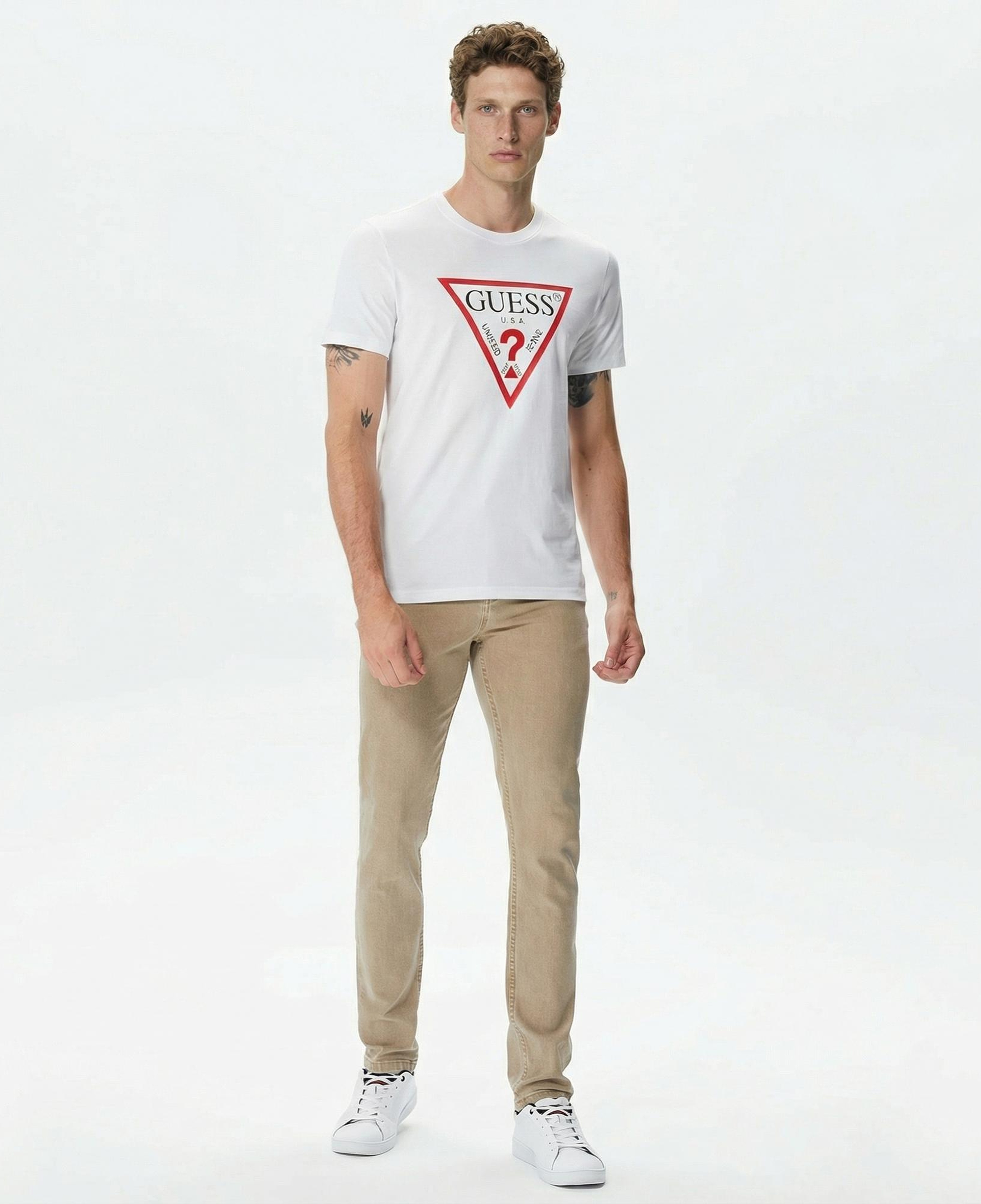 Guess Original Logo Mid Organic Stream Jersey Erkek Beyaz T-Shirt