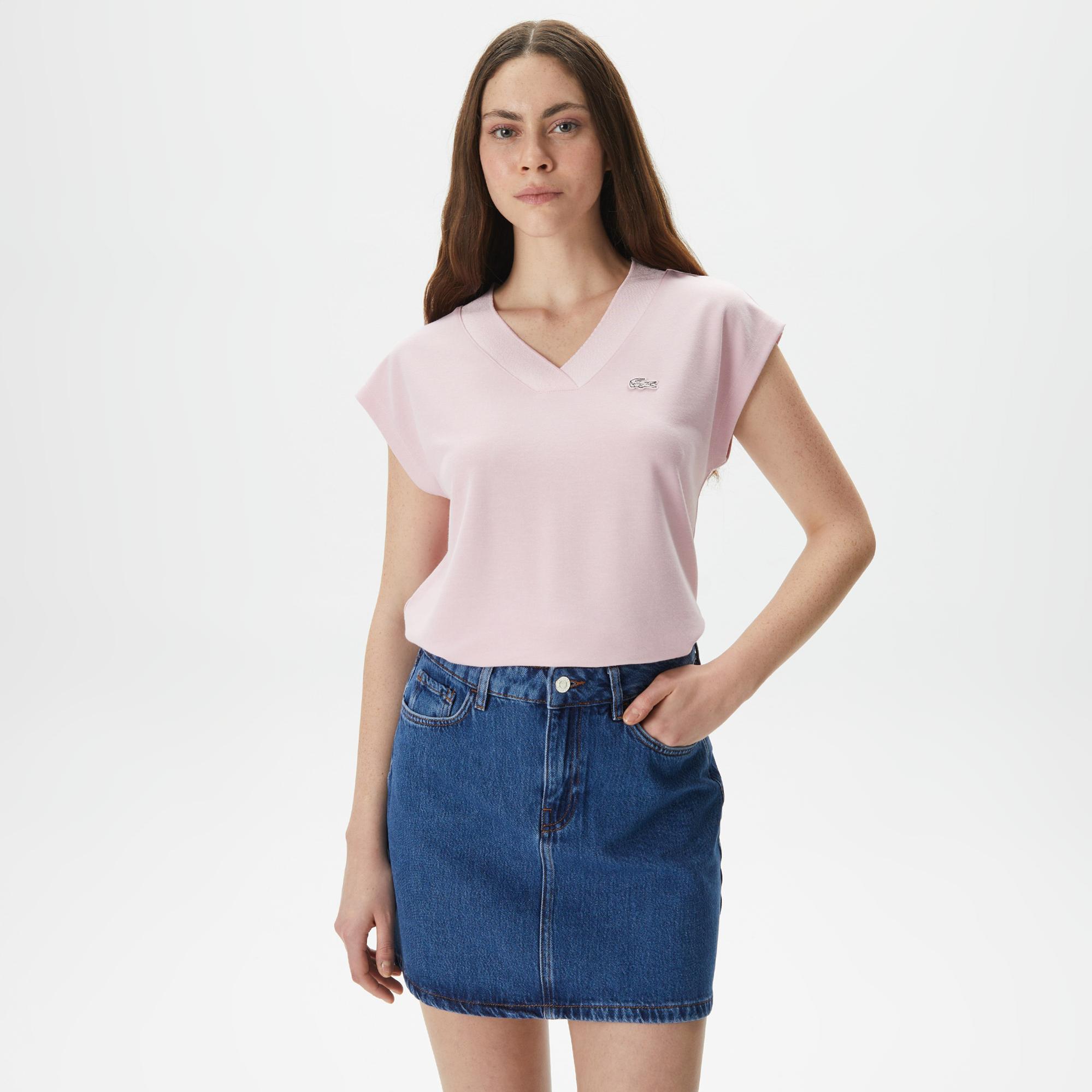 Lacoste Kadın Slim Fit V Yaka Açık Pembe T-Shirt