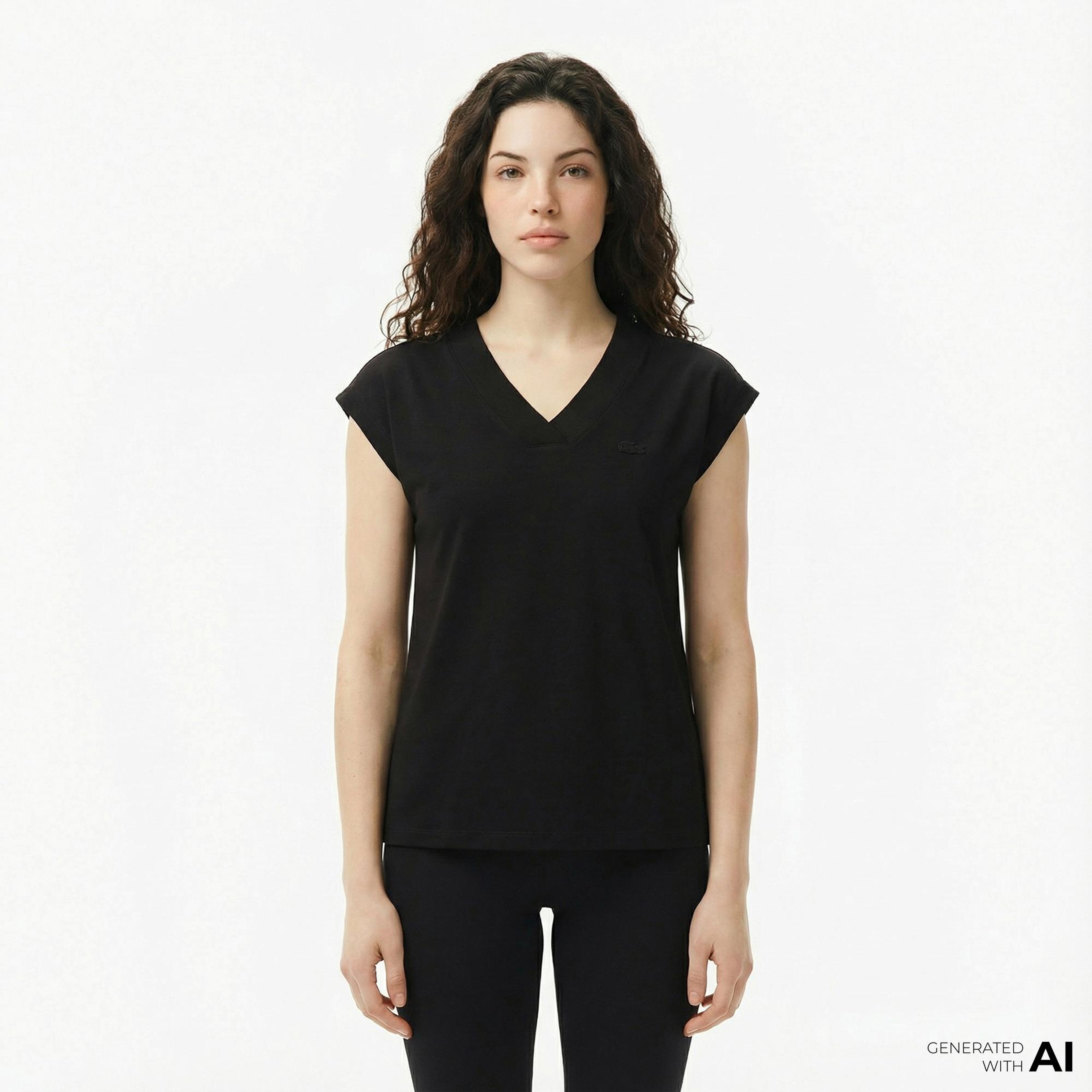 Lacoste Kadın Slim Fit V Yaka Siyah T-Shirt
