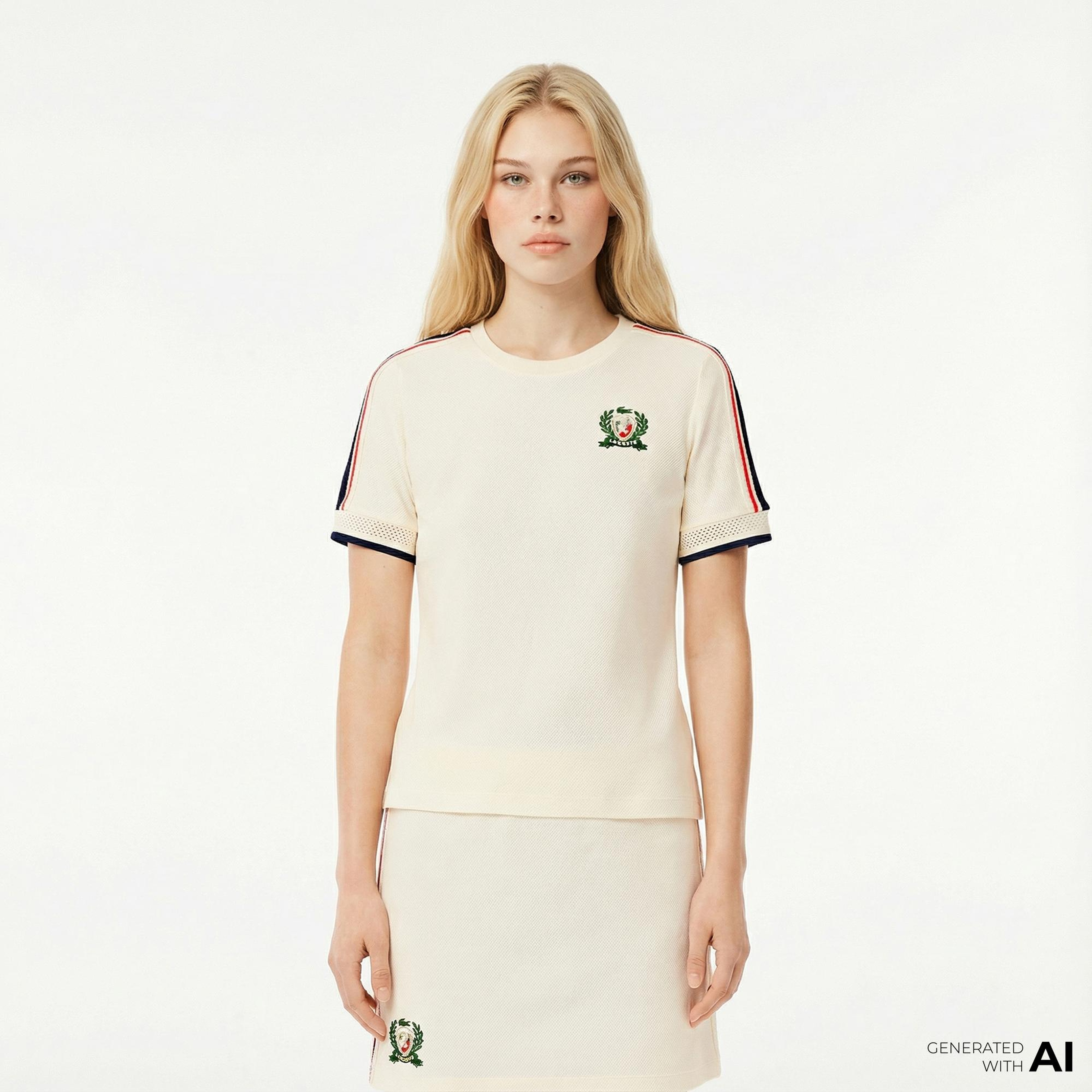 Lacoste Kadın Slim Fit Bisiklet Yaka Renk Bloklu Krem T-Shirt