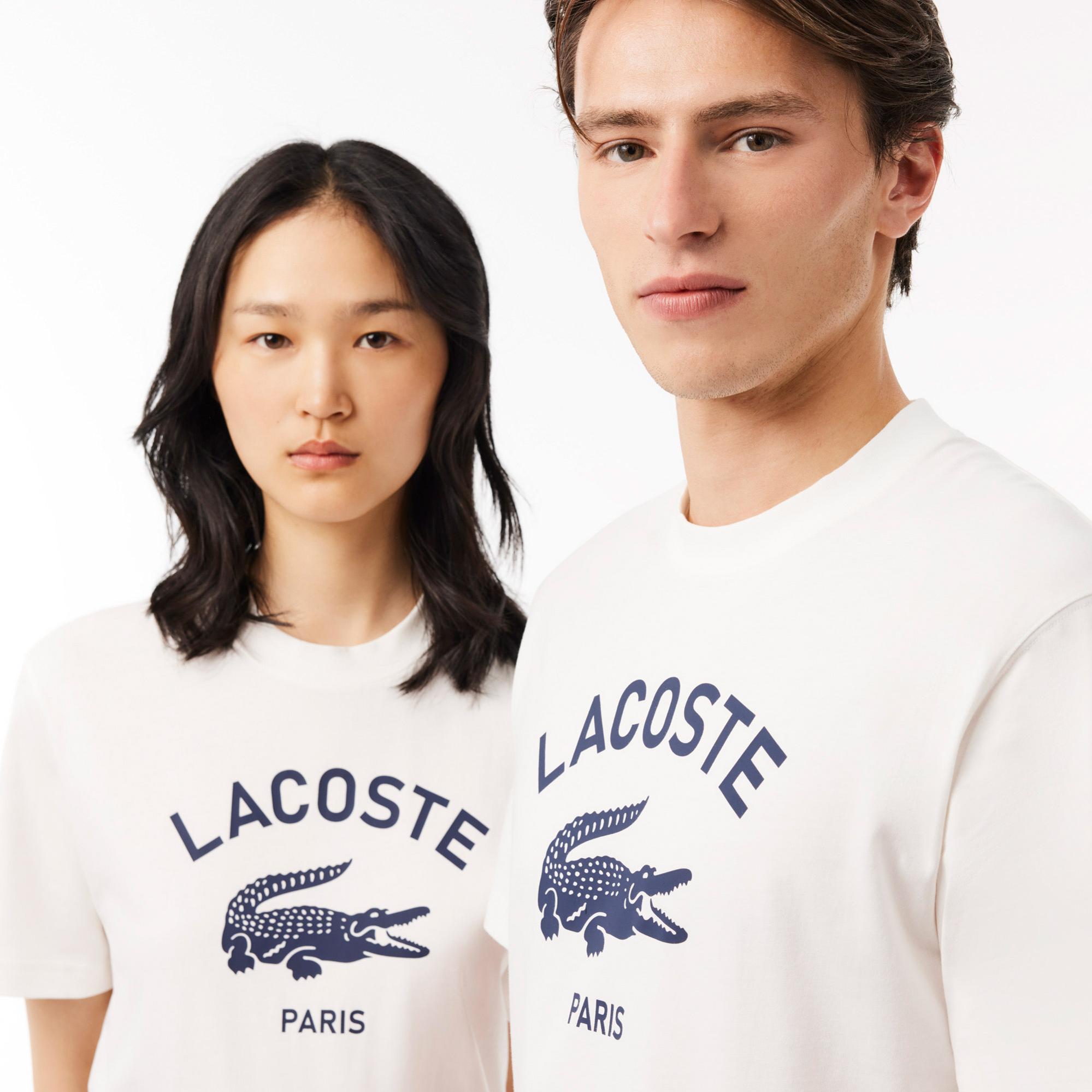 Lacoste Unisex Classic Fit Bisiklet Yaka Baskılı Beyaz T-Shirt