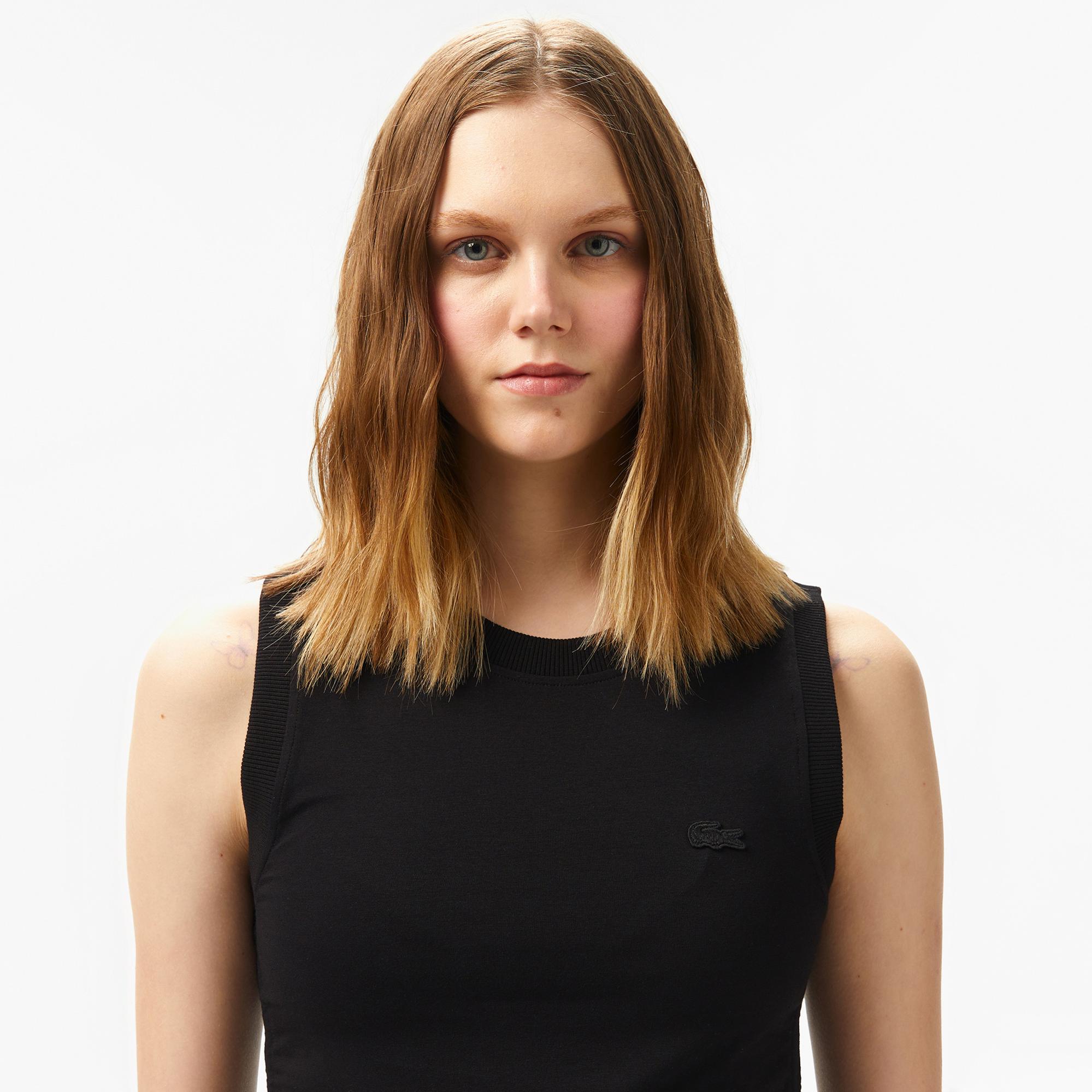 Lacoste Kadın Slim Fit Kolsuz Bisiklet Yaka Siyah T-Shirt