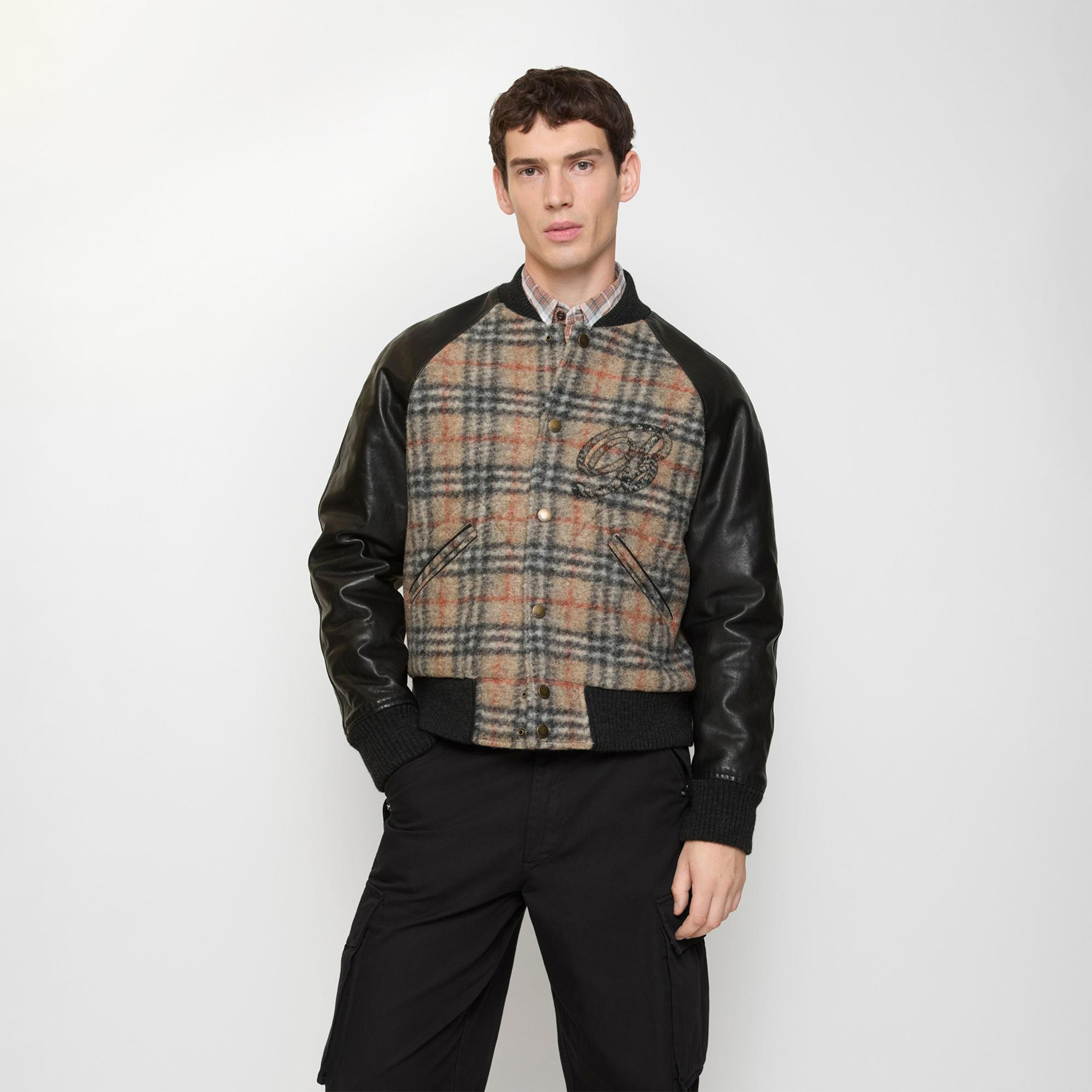 Burberry Check Wool And Leather Bomber Erkek Bej Bomber Mont