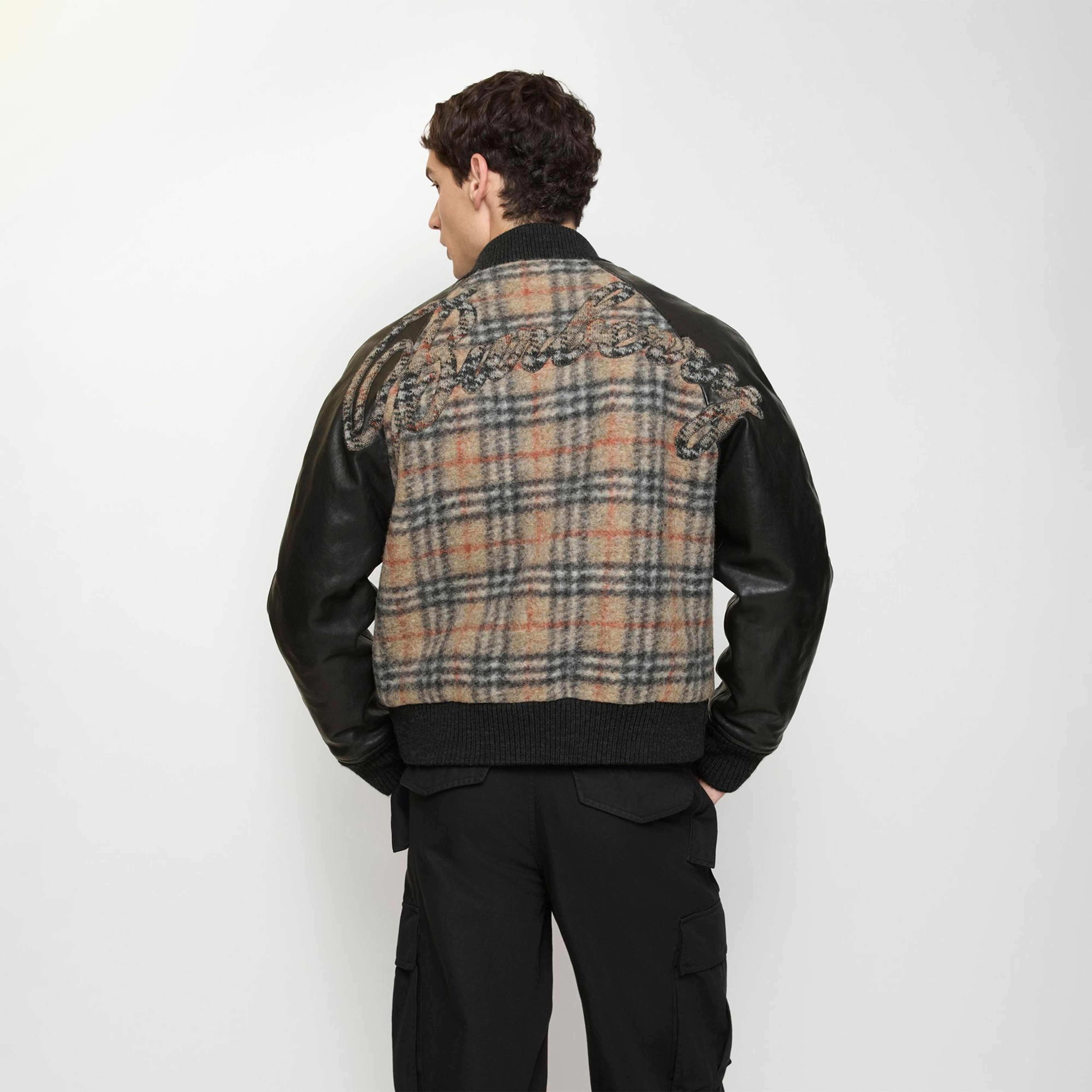 Burberry Check Wool And Leather Bomber Erkek Bej Bomber Mont