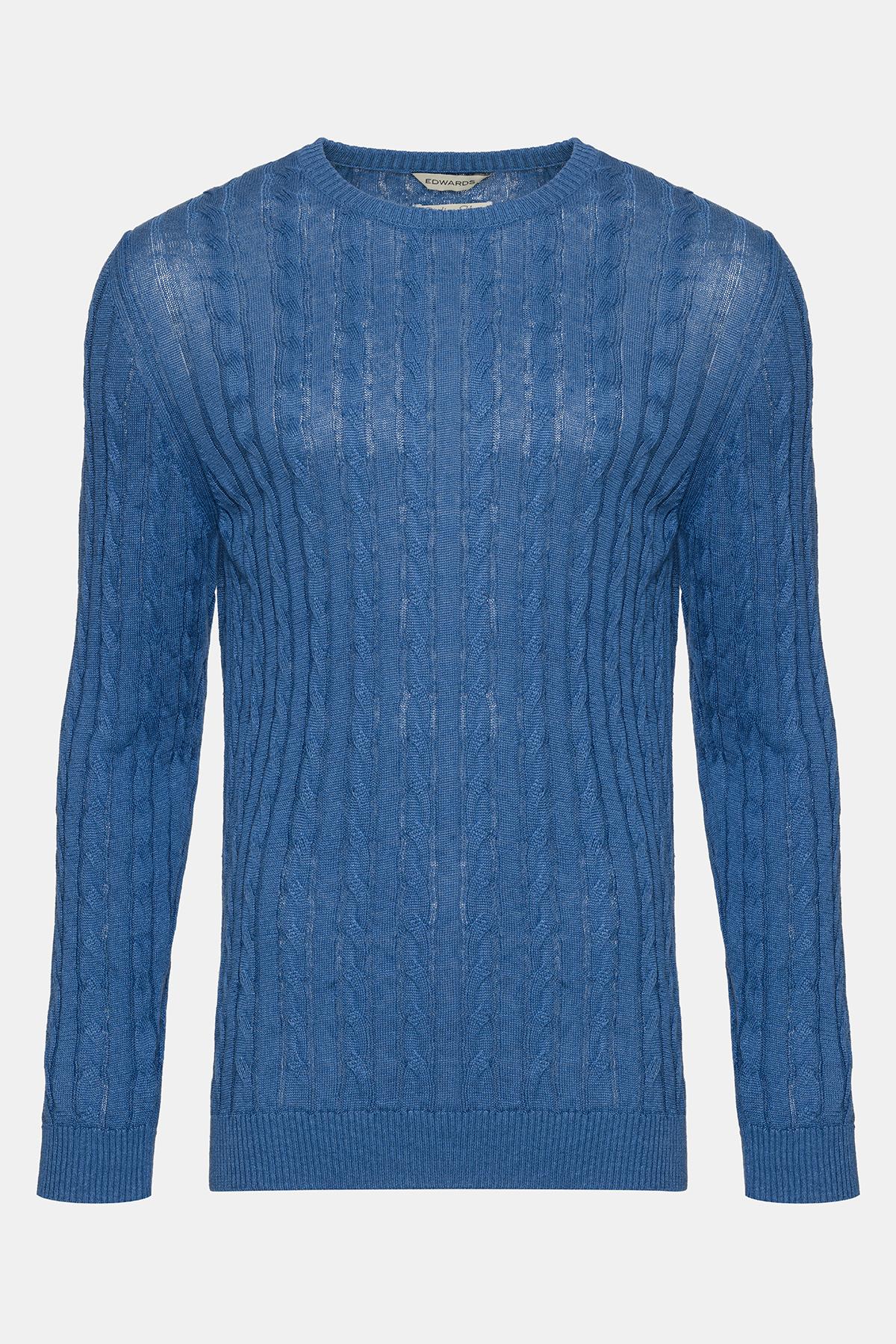 Erkek Koyu Mavi Saç Örgülü Bisiklet Yaka Keten Kazak