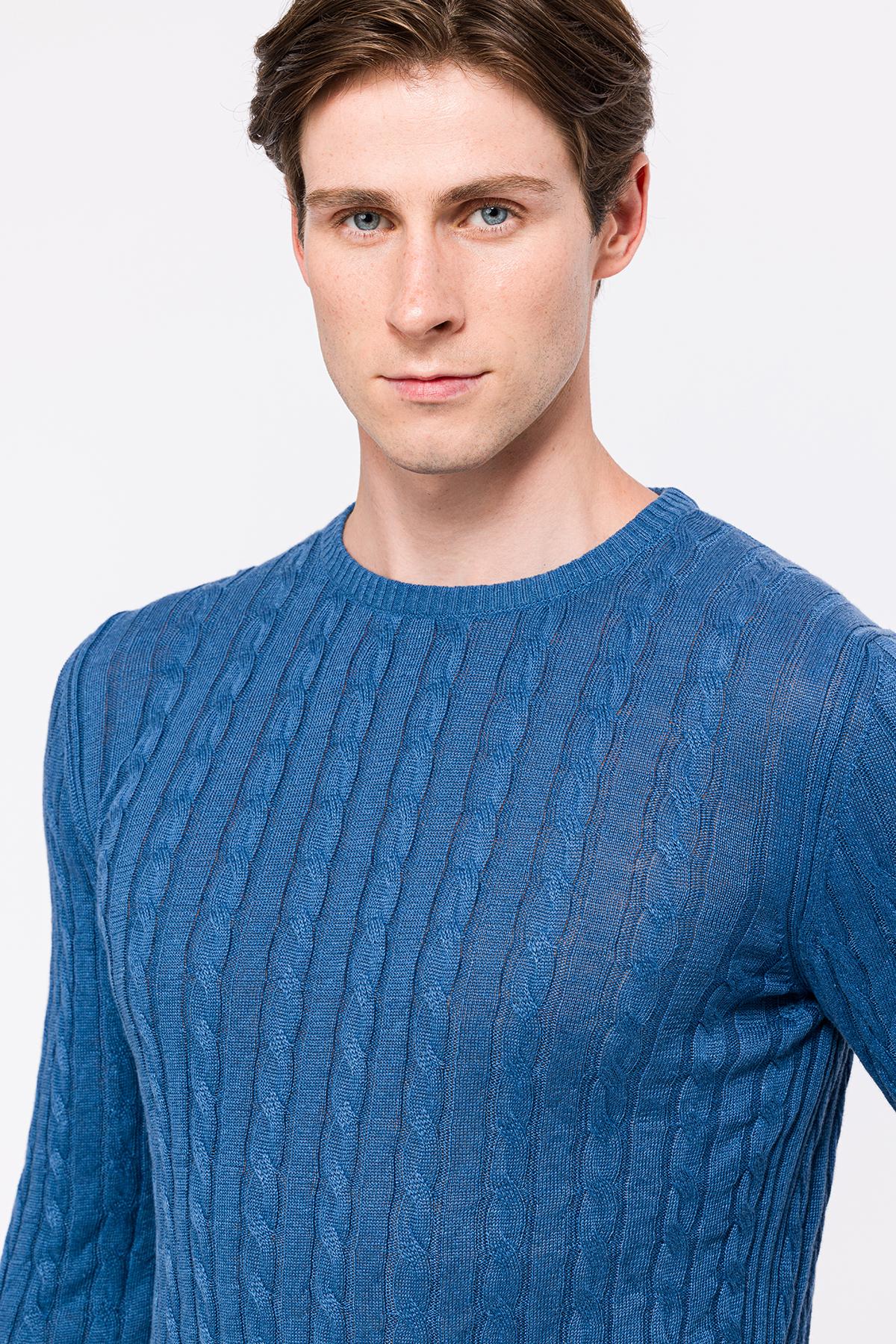 Erkek Koyu Mavi Saç Örgülü Bisiklet Yaka Keten Kazak