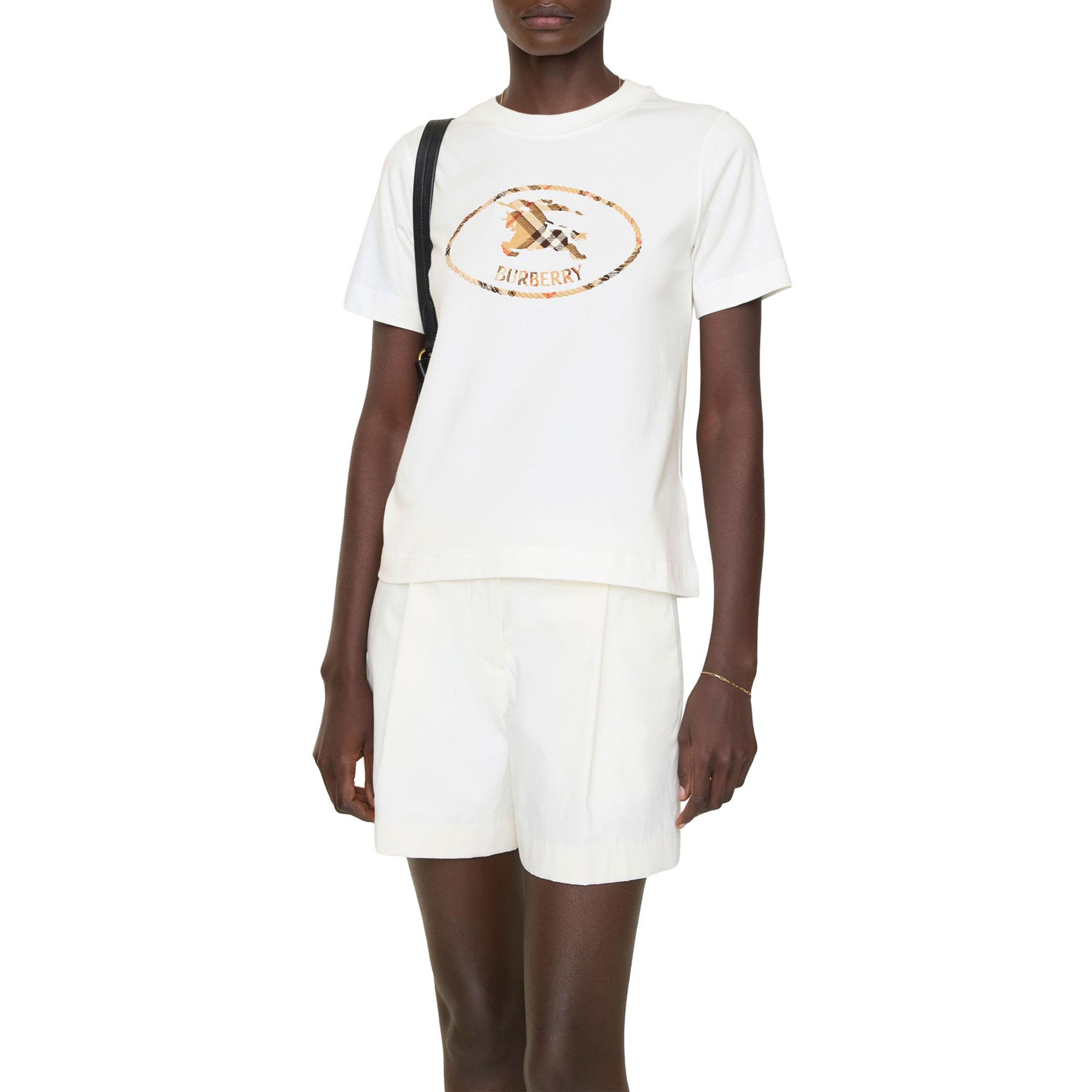 Burberry Check Knight Stamp Cotton Kadın Beyaz T-Shirt