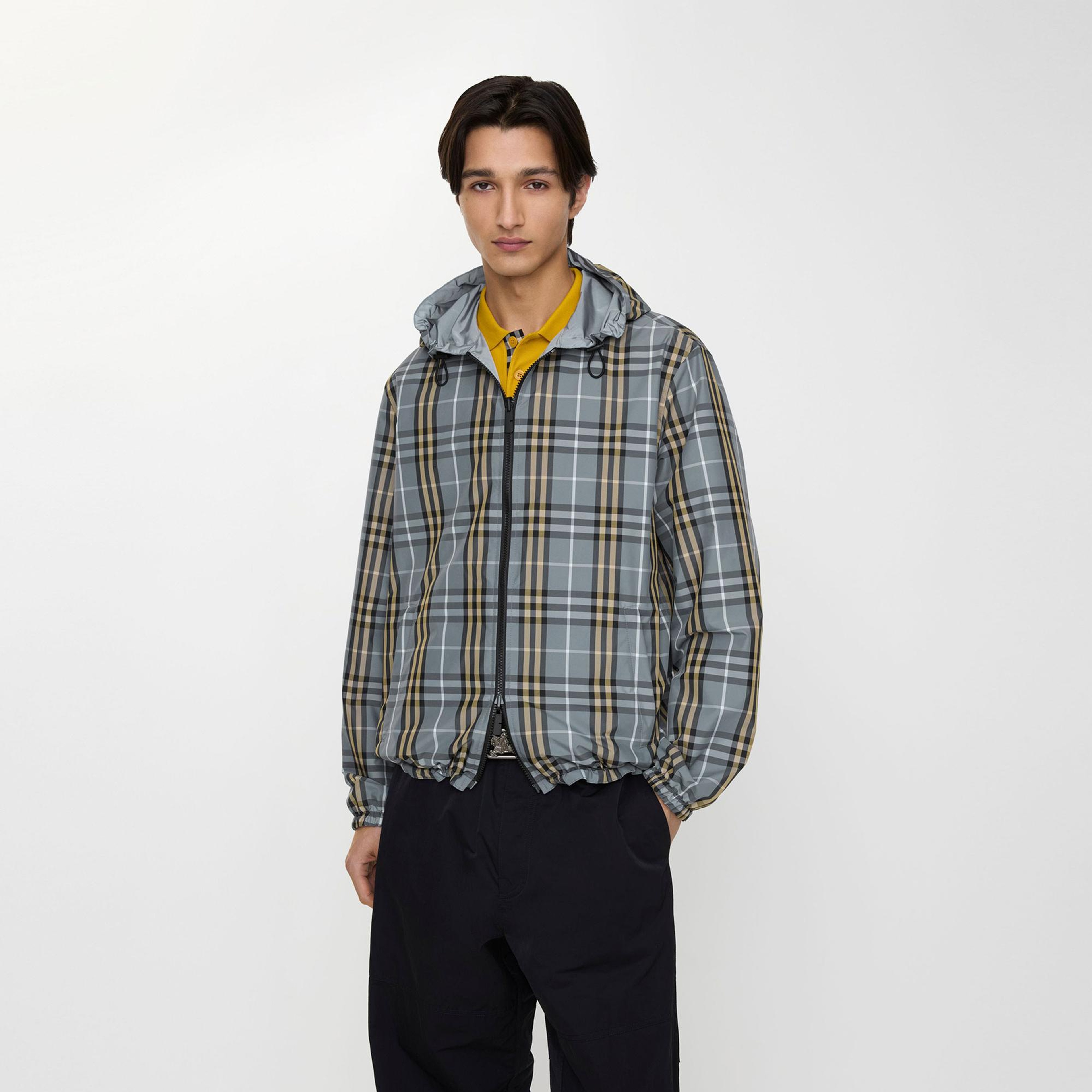 Burberry Reversible Check Hooded Erkek Mavi Mont