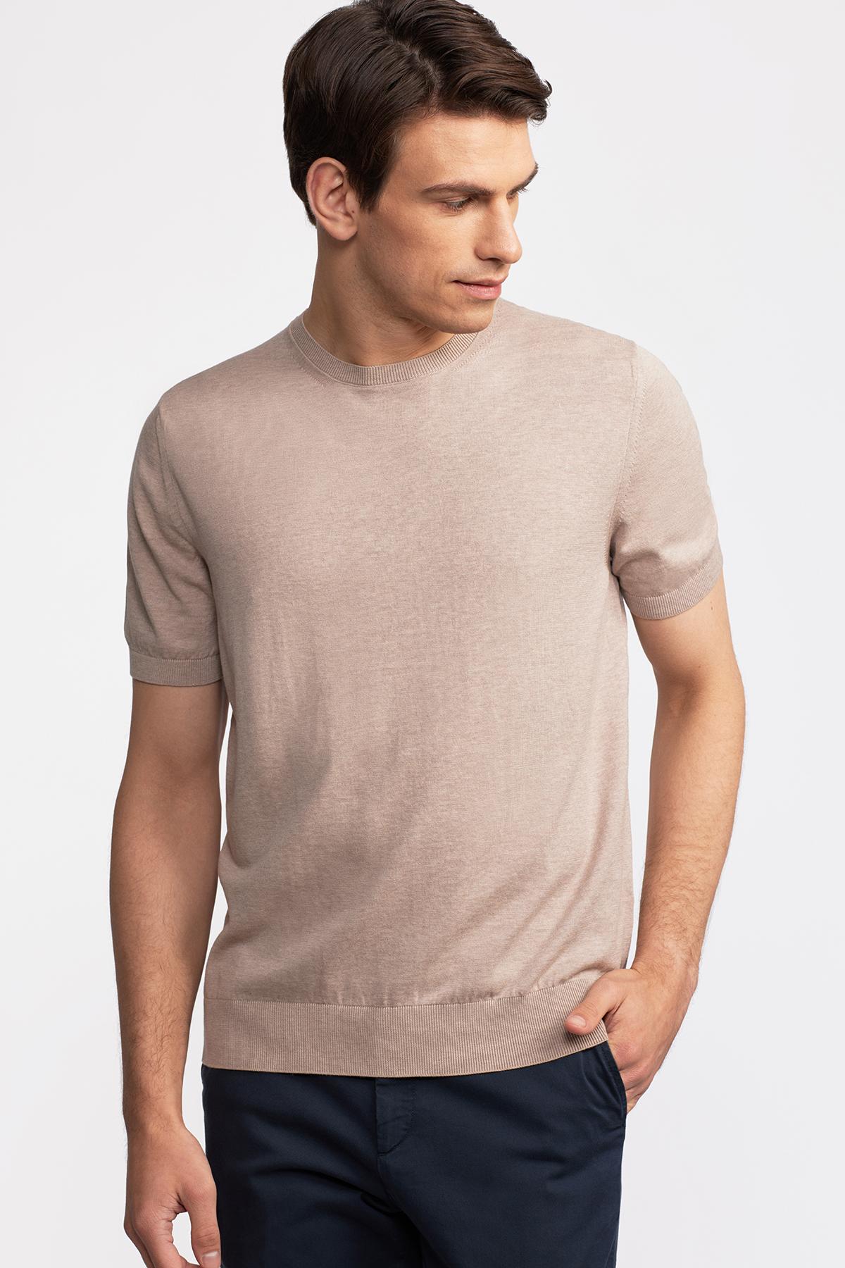 Erkek Bej Kısa Kollu Bisiklet Yaka Kazak