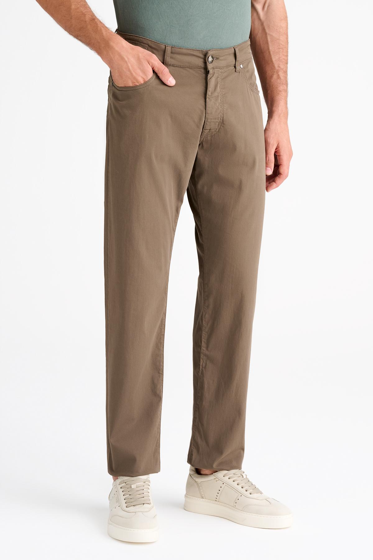 Erkek Bej Pamuk İpek Karışımlı 5 Cep Pantolon