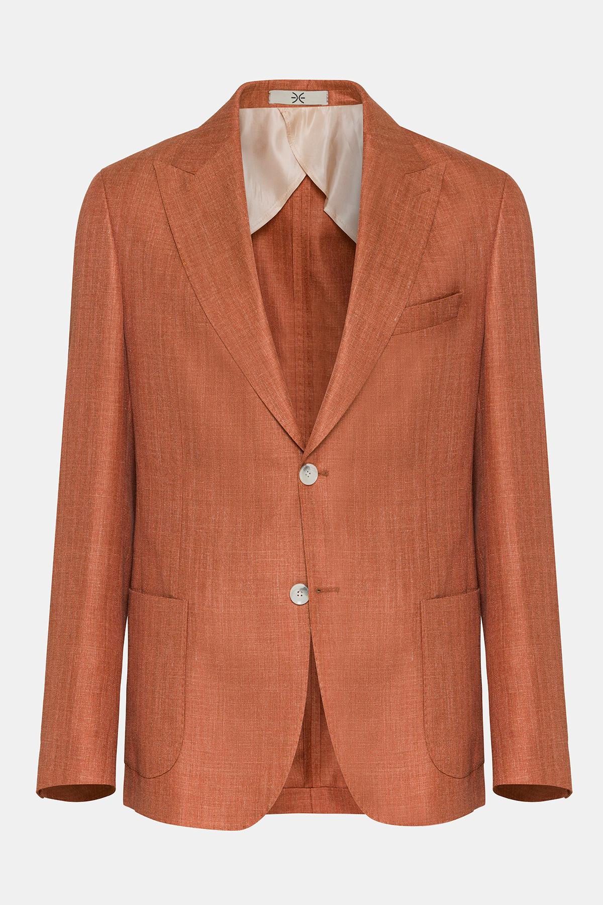 Erkek Taba Loro Piana Kumaşıyla Üretilmiş Yün İpek Karışımlı Casual Ceket