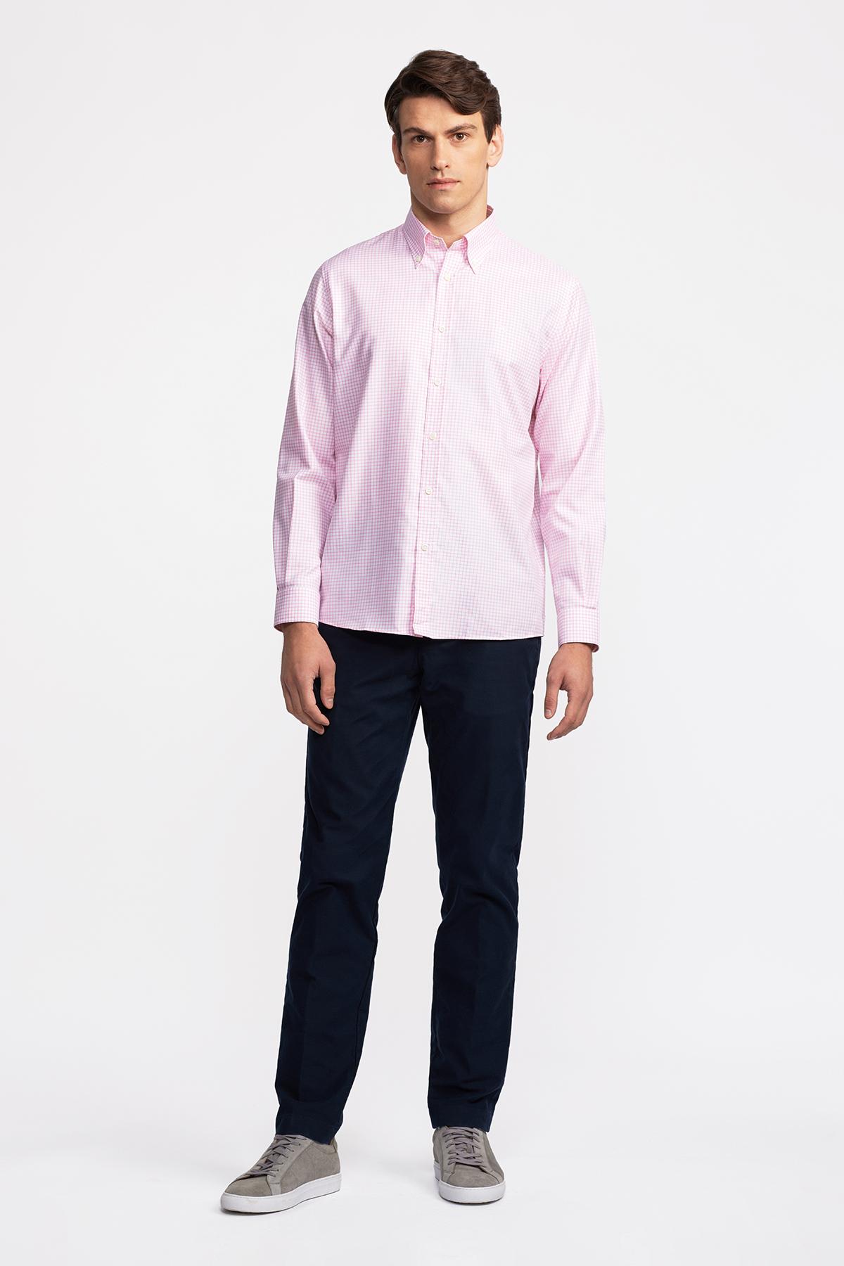 Erkek Pembe Cooper Fit Düğmeli Yaka Pötikareli Spor Gömlek