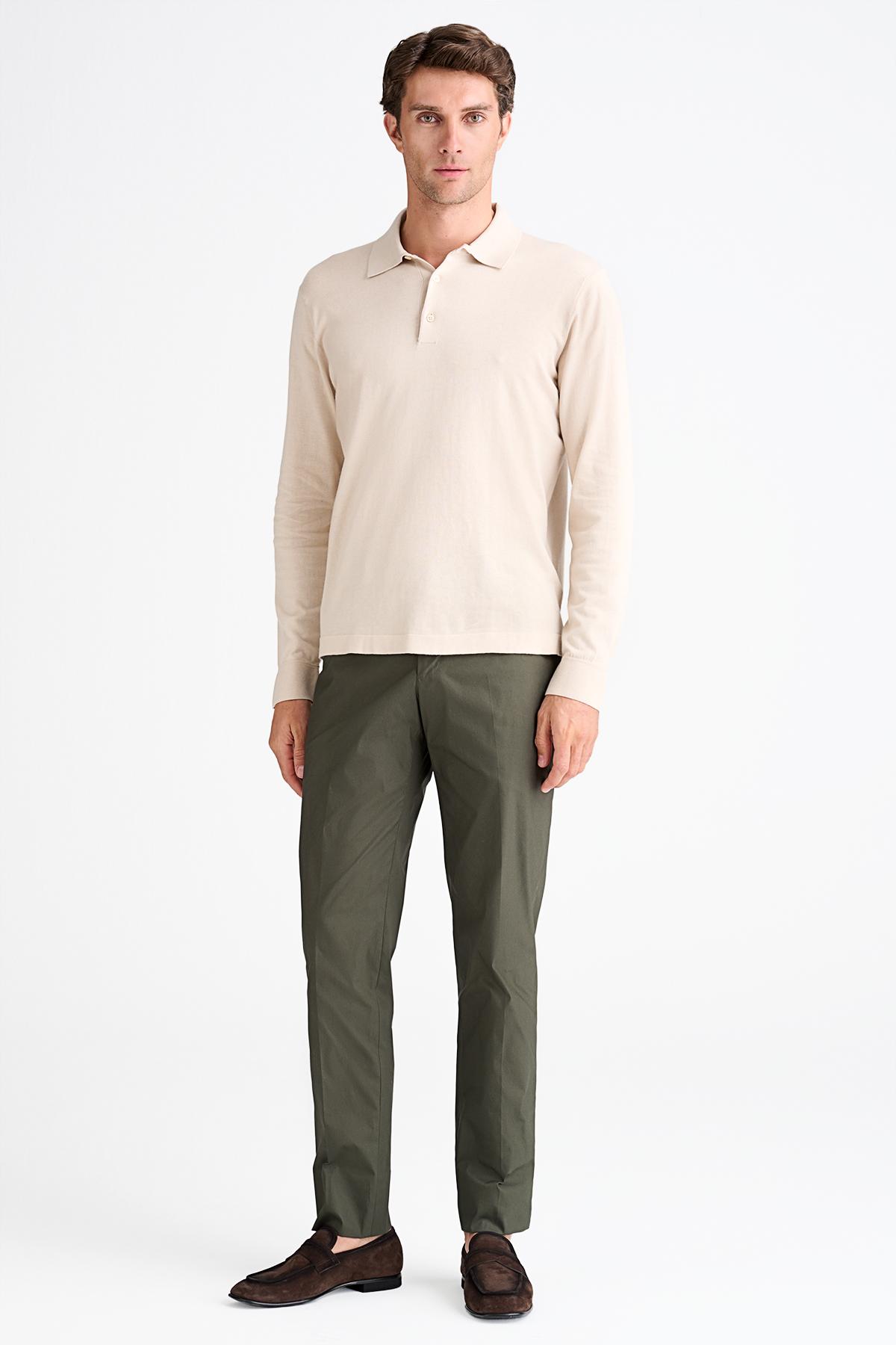 Erkek Bej Pamuk İpek Karışımlı Polo Yaka Kazak