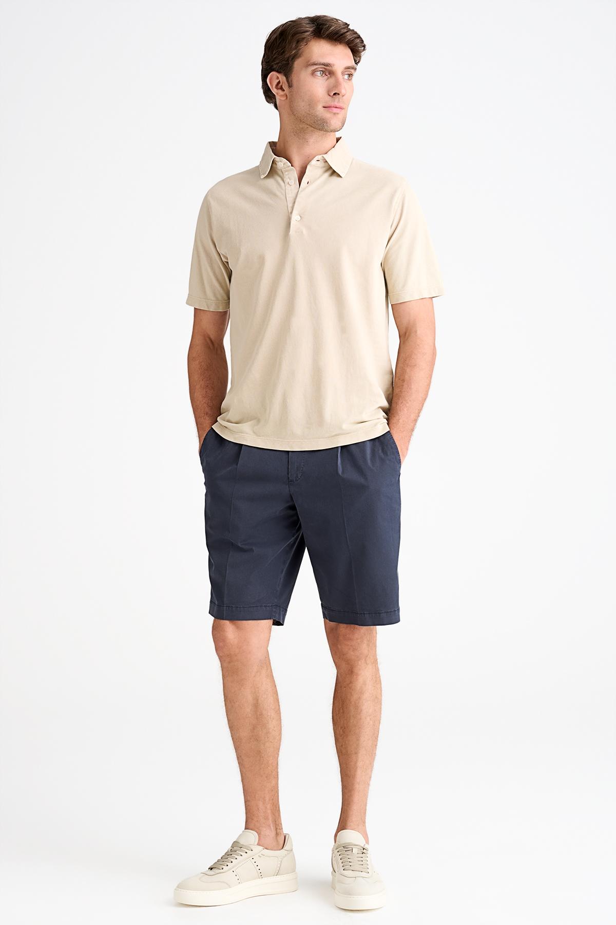 Erkek Koyu Lacivert Büzgülü Elastik Bel Bantlı Pilili Bermuda Şort