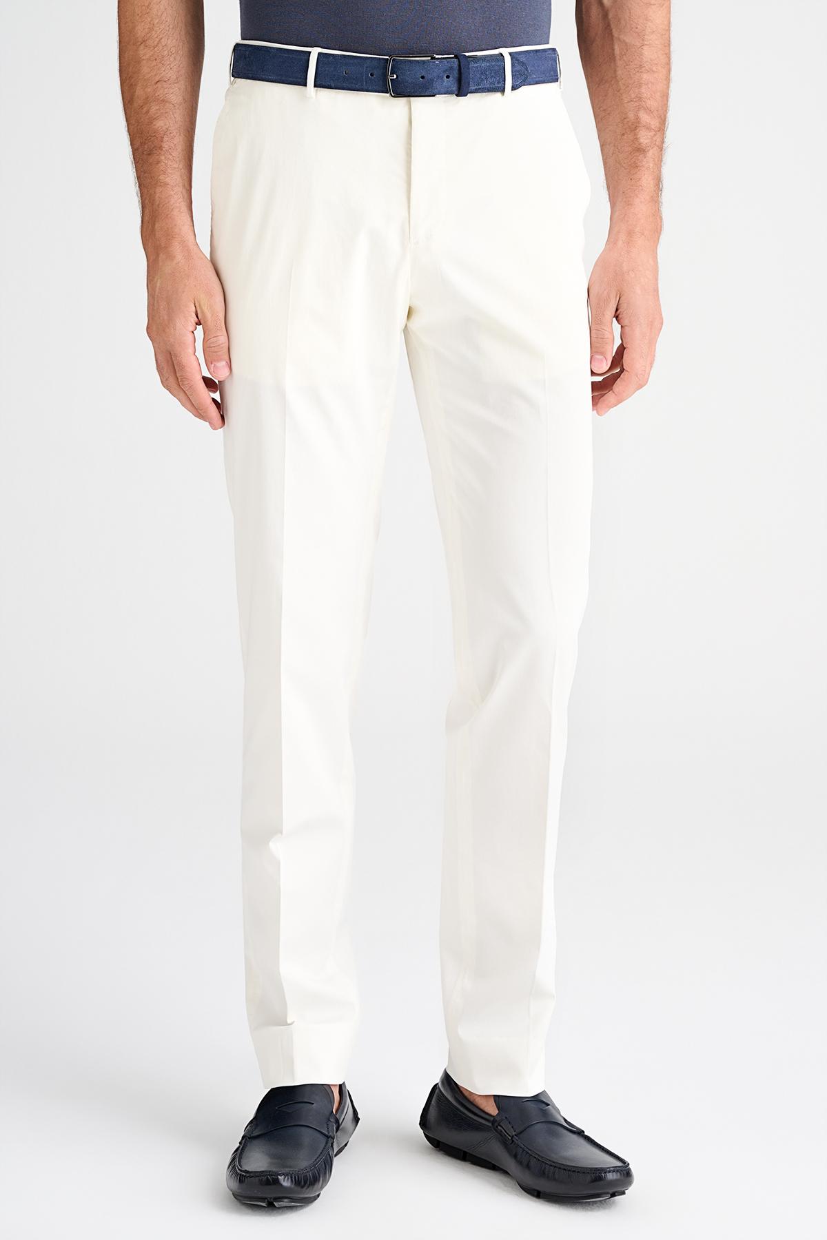 Erkek Beyaz Slim Fit Elastik Bel Bantlı Büzgü İpli Pantolon