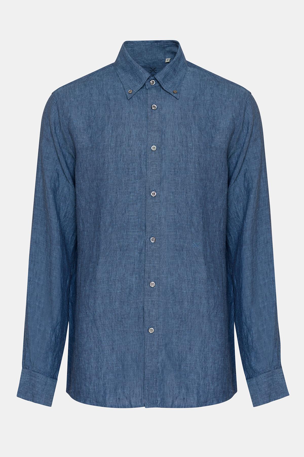 Erkek İndigo Düğmeli Yaka Cooper Fit İrlanda Keten Gömlek