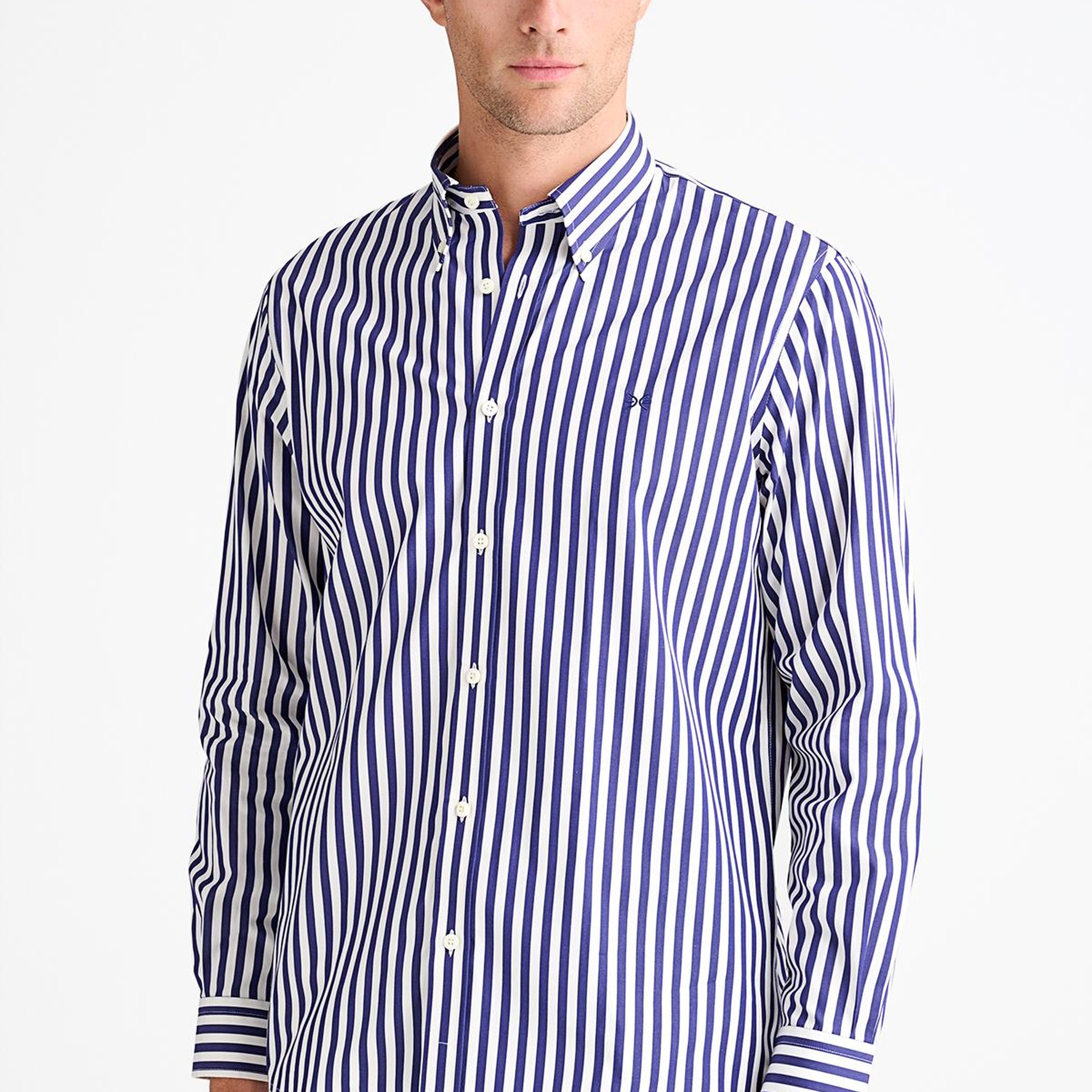 Erkek Lacivert Cooper Fit Düğmeli Yaka Çizgili Spor Gömlek