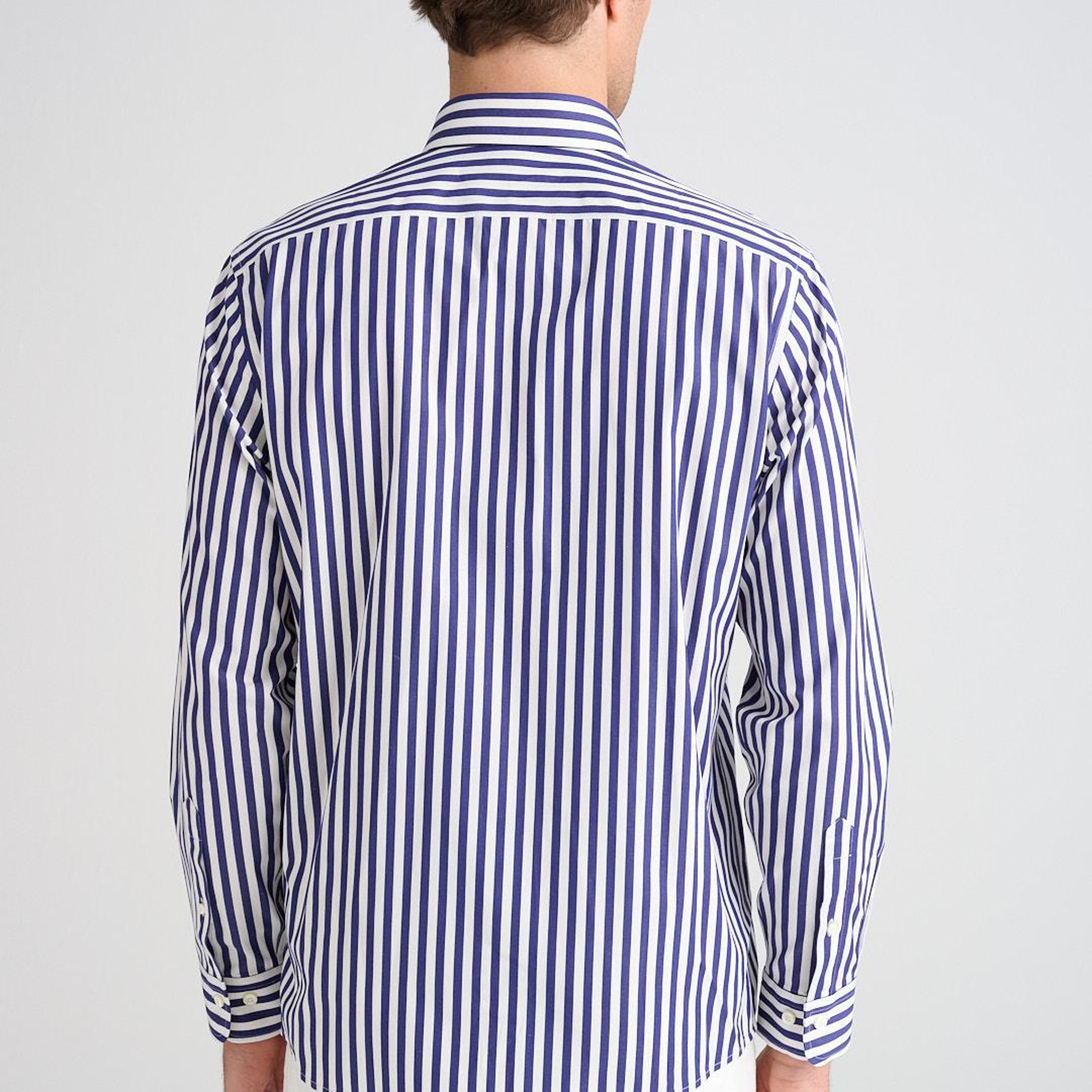 Erkek Lacivert Cooper Fit Düğmeli Yaka Çizgili Spor Gömlek