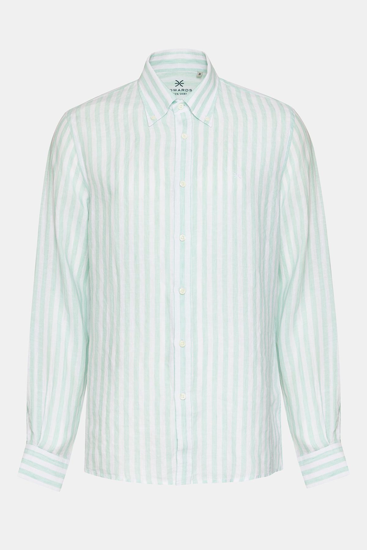 Erkek Yeşil Düğmeli Yaka Cooper Fit İrlanda Keten Gömlek