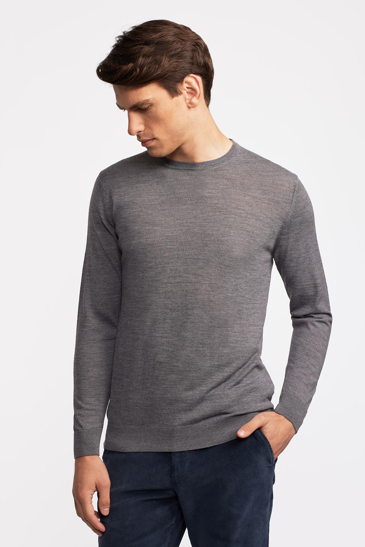 Erkek Gri Yün Bisiklet Yaka Kazak