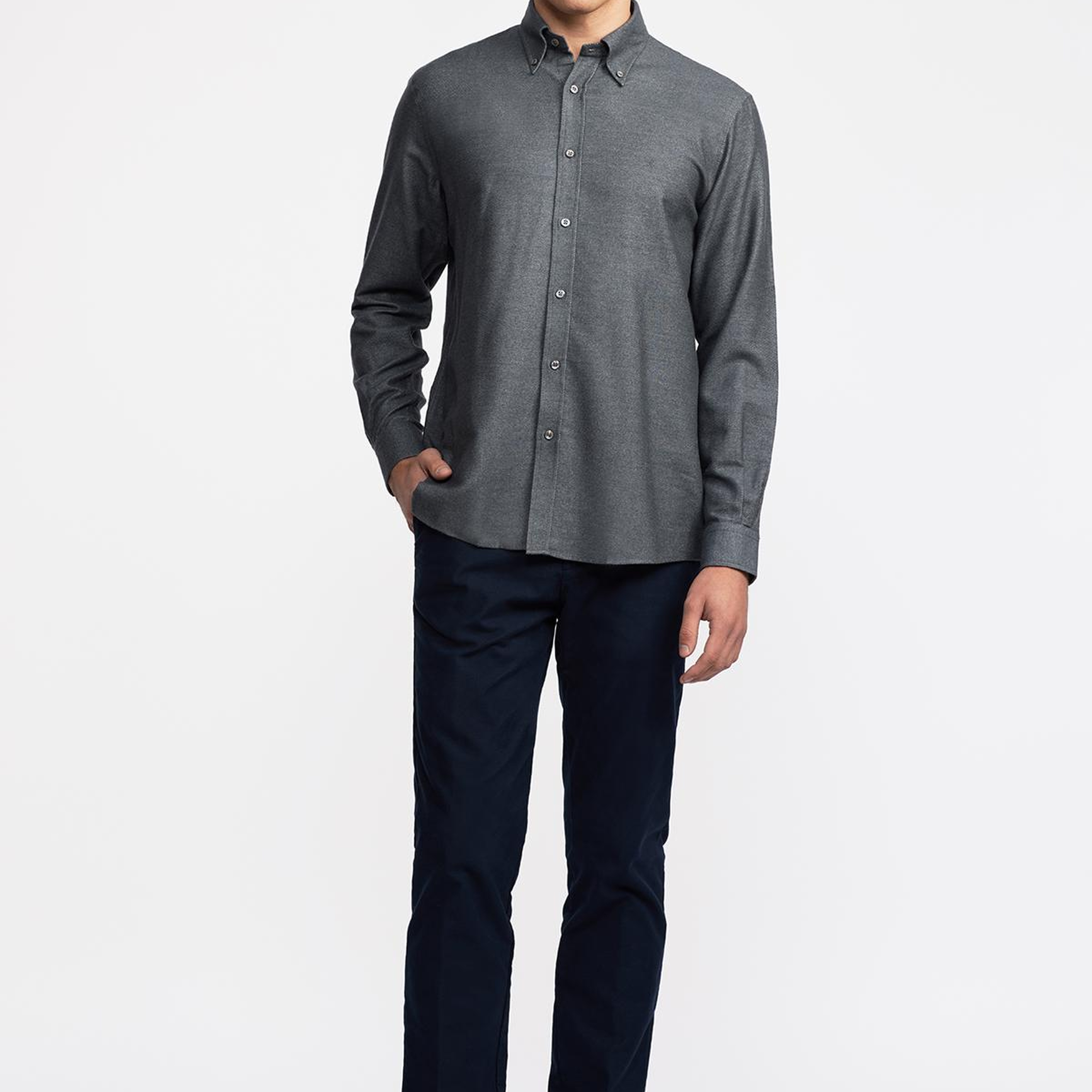 Erkek Koyu Gri Cooper Fit Düğmeli Yaka Flannel Gömlek