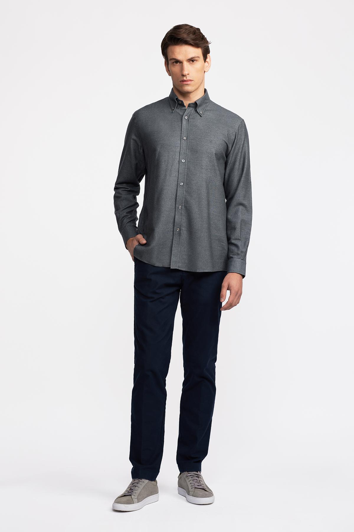 Erkek Koyu Gri Cooper Fit Düğmeli Yaka Flannel Gömlek