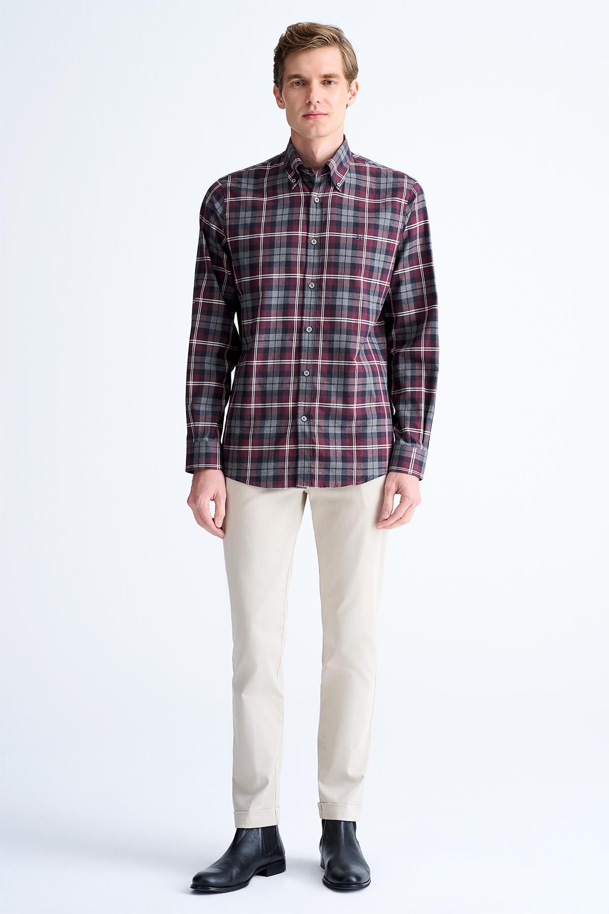 Erkek Bordo Cooper Fit Ekoseli Düğmeli Yaka Flanel Spor Gömlek