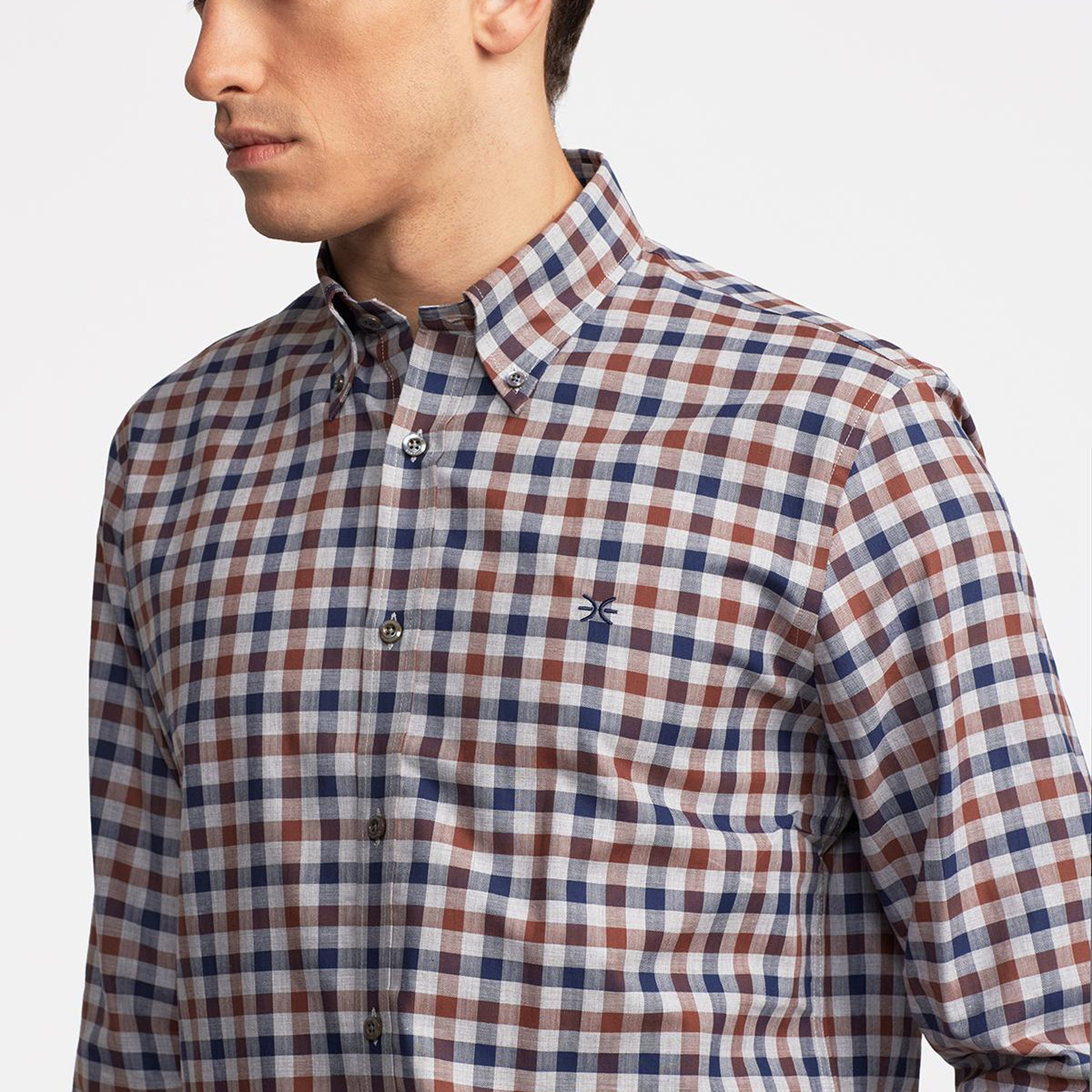 Erkek Kahverengi Cooper Fit Düğmeli Yaka Ekoseli Spor Gömlek