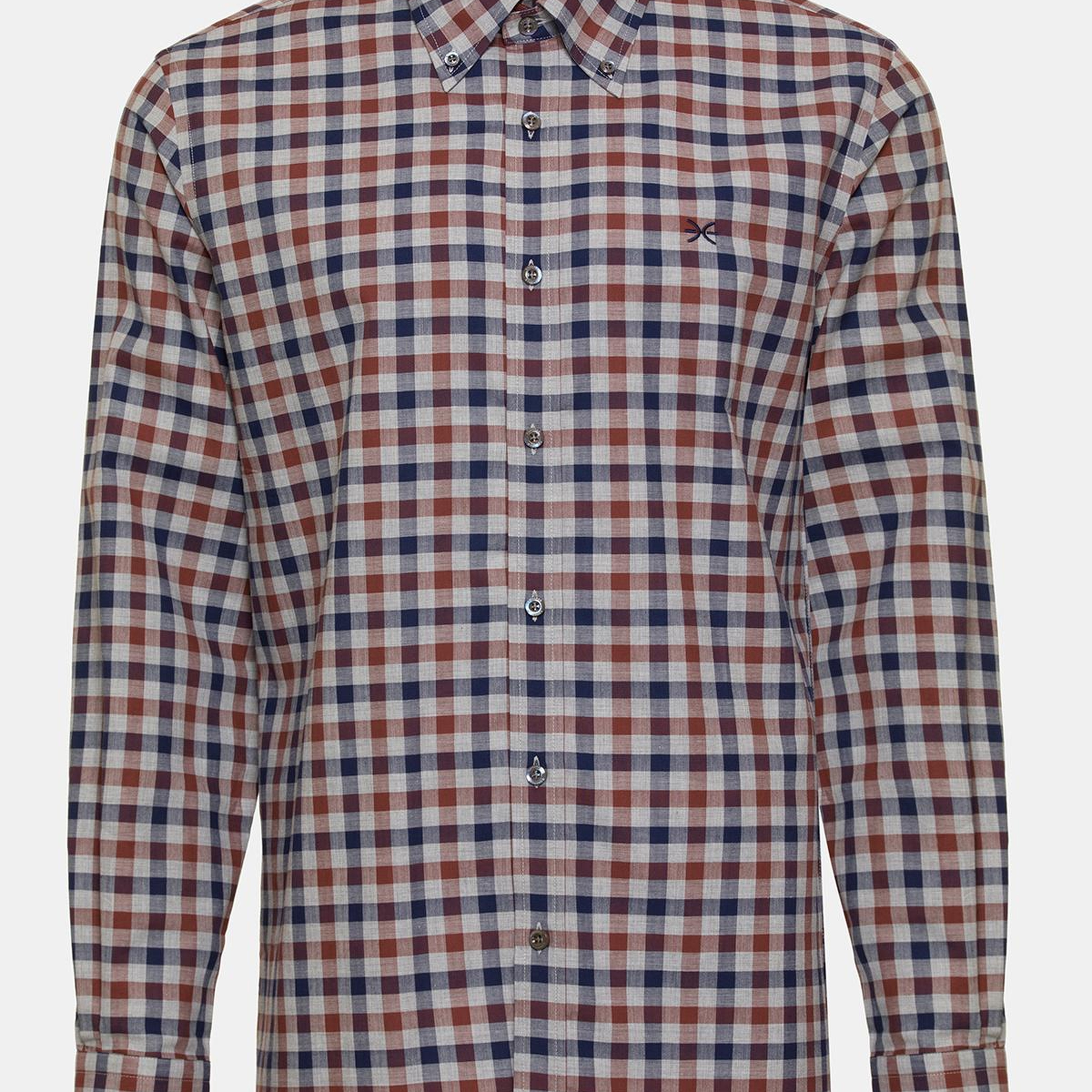 Erkek Kahverengi Cooper Fit Düğmeli Yaka Ekoseli Spor Gömlek