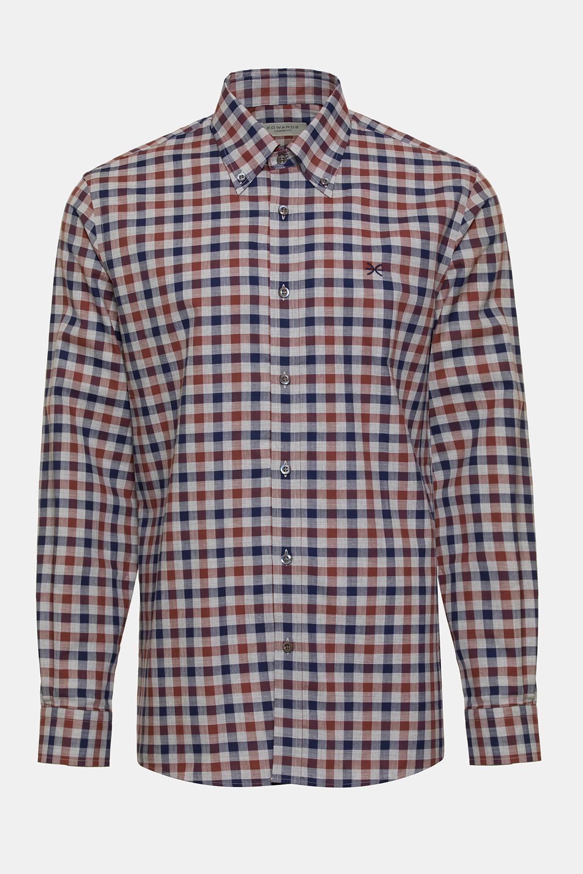 Erkek Kahverengi Cooper Fit Düğmeli Yaka Ekoseli Spor Gömlek