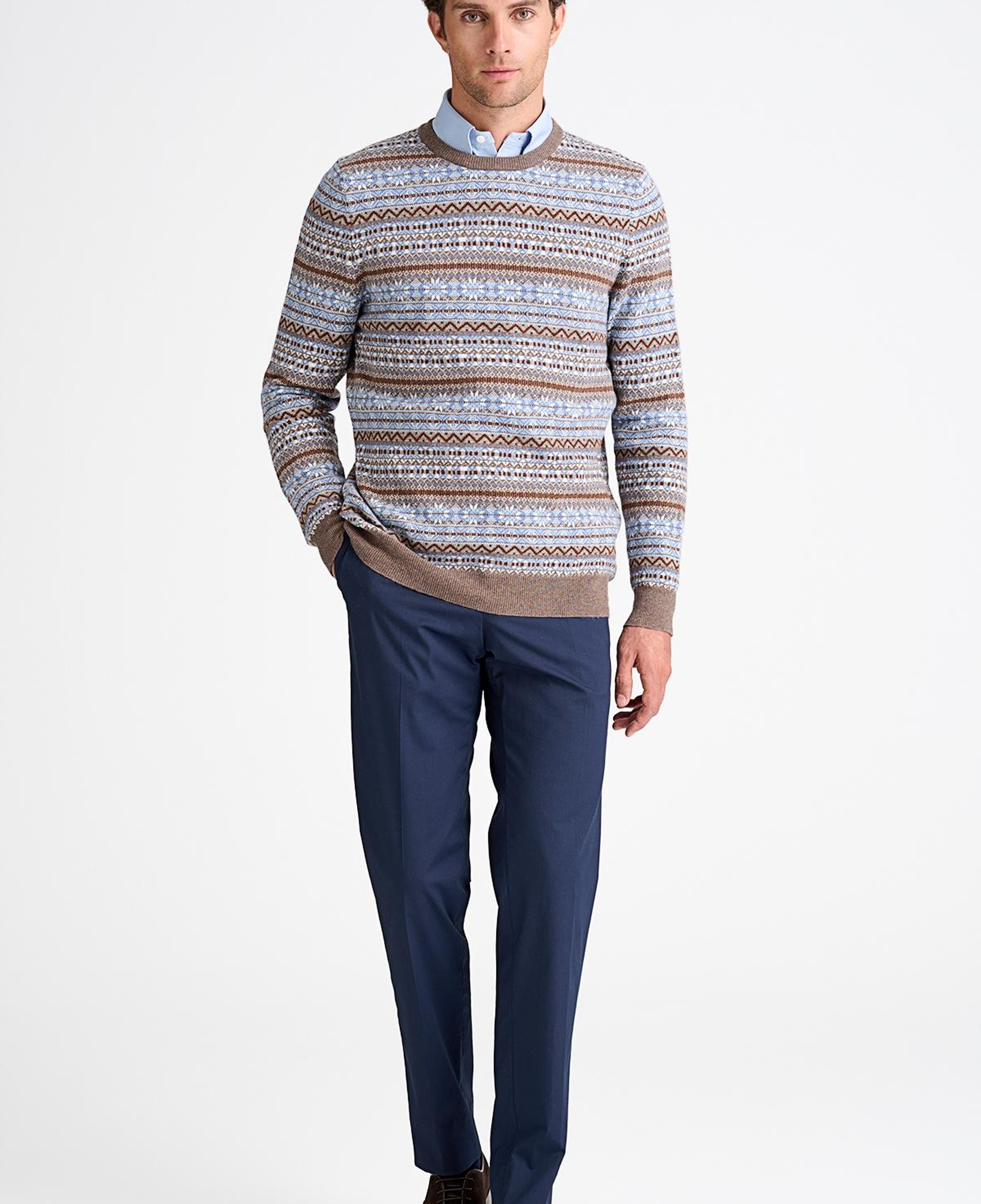 Erkek Kahverengi Bisiklet Yaka Desenli Lambswool Kazak