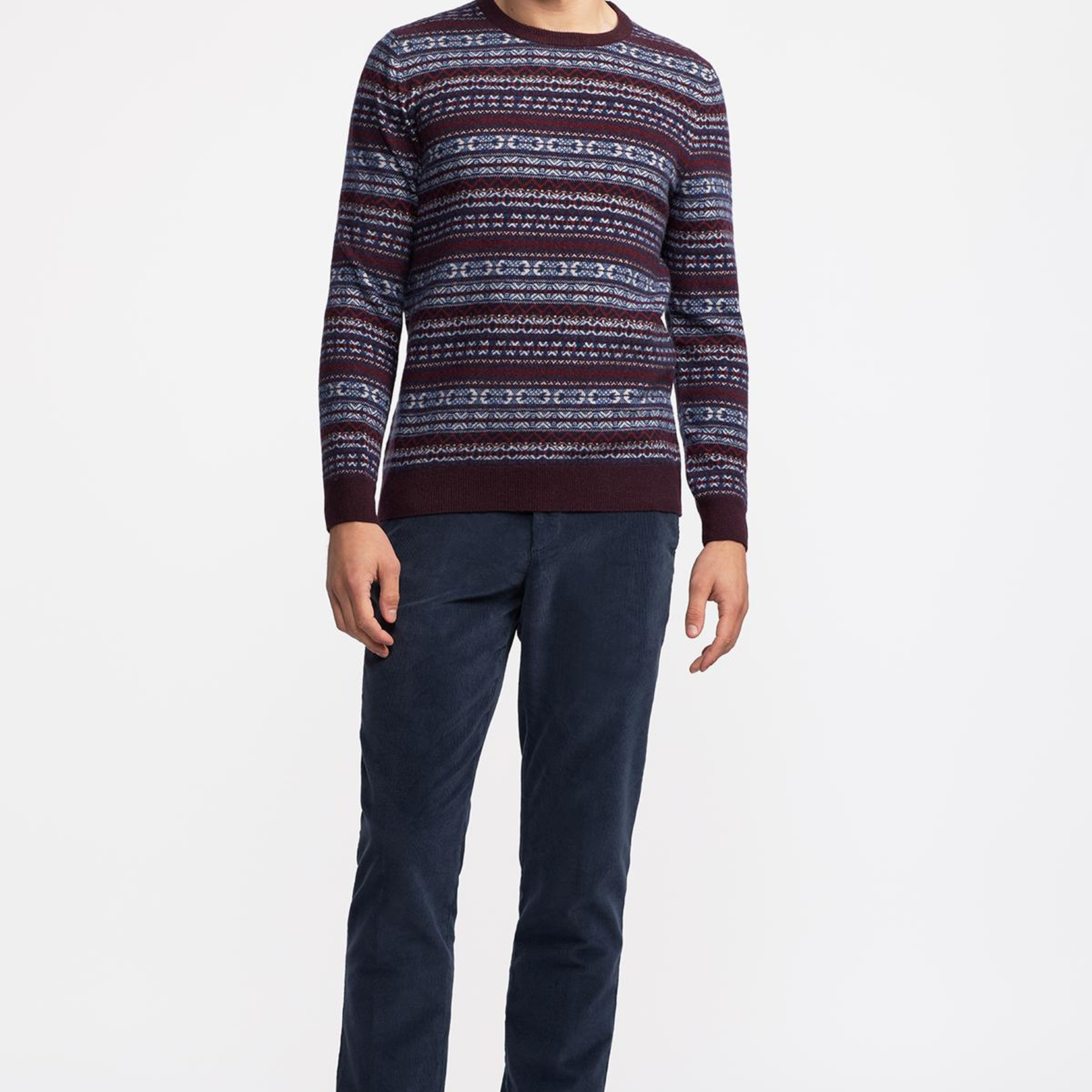 Erkek Bordo Bisiklet Yaka Desenli Lambswool Kazak