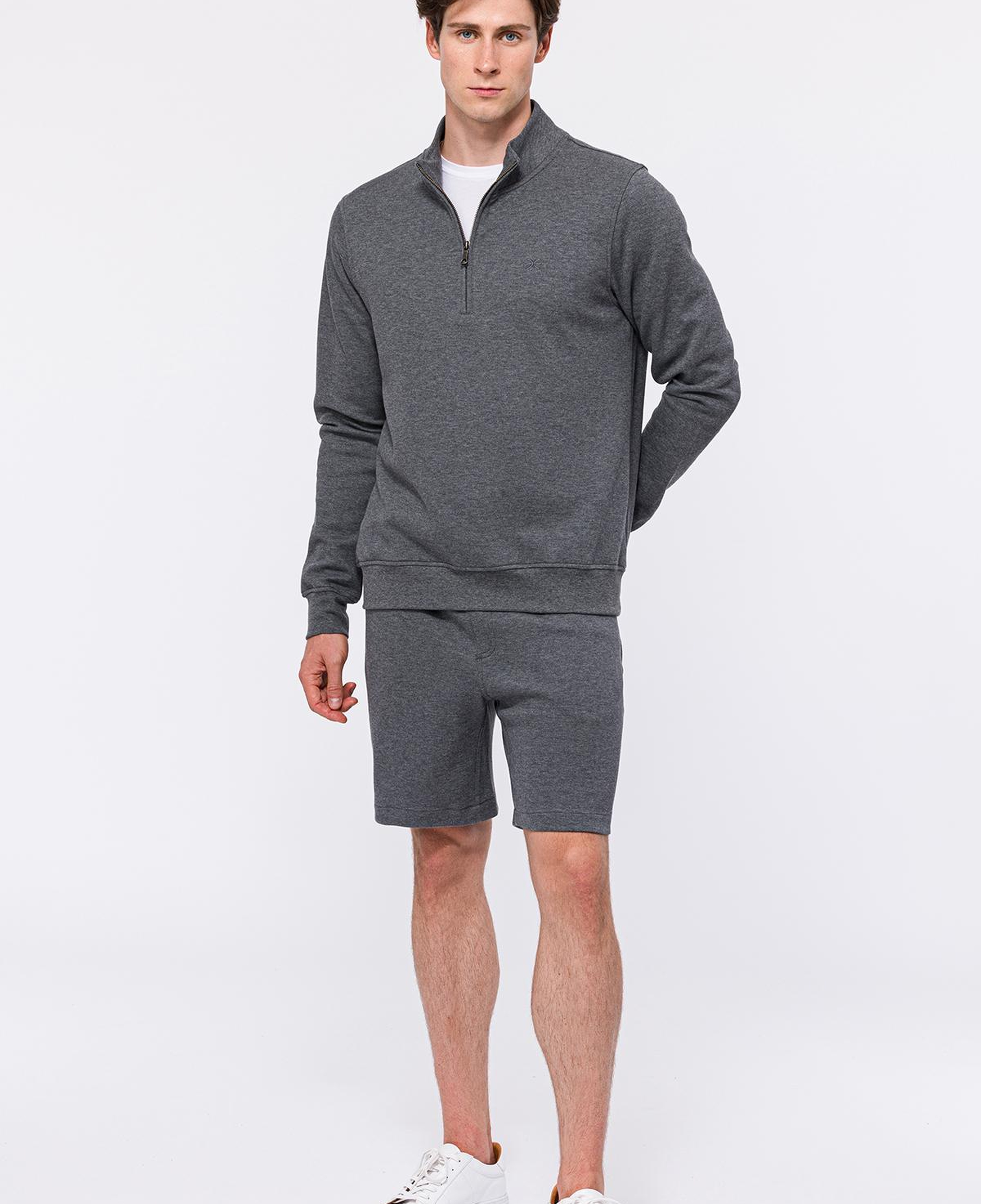 Erkek Gri Melanj Yarım Fermuarlı Organik Pamuklu Sweatshirt