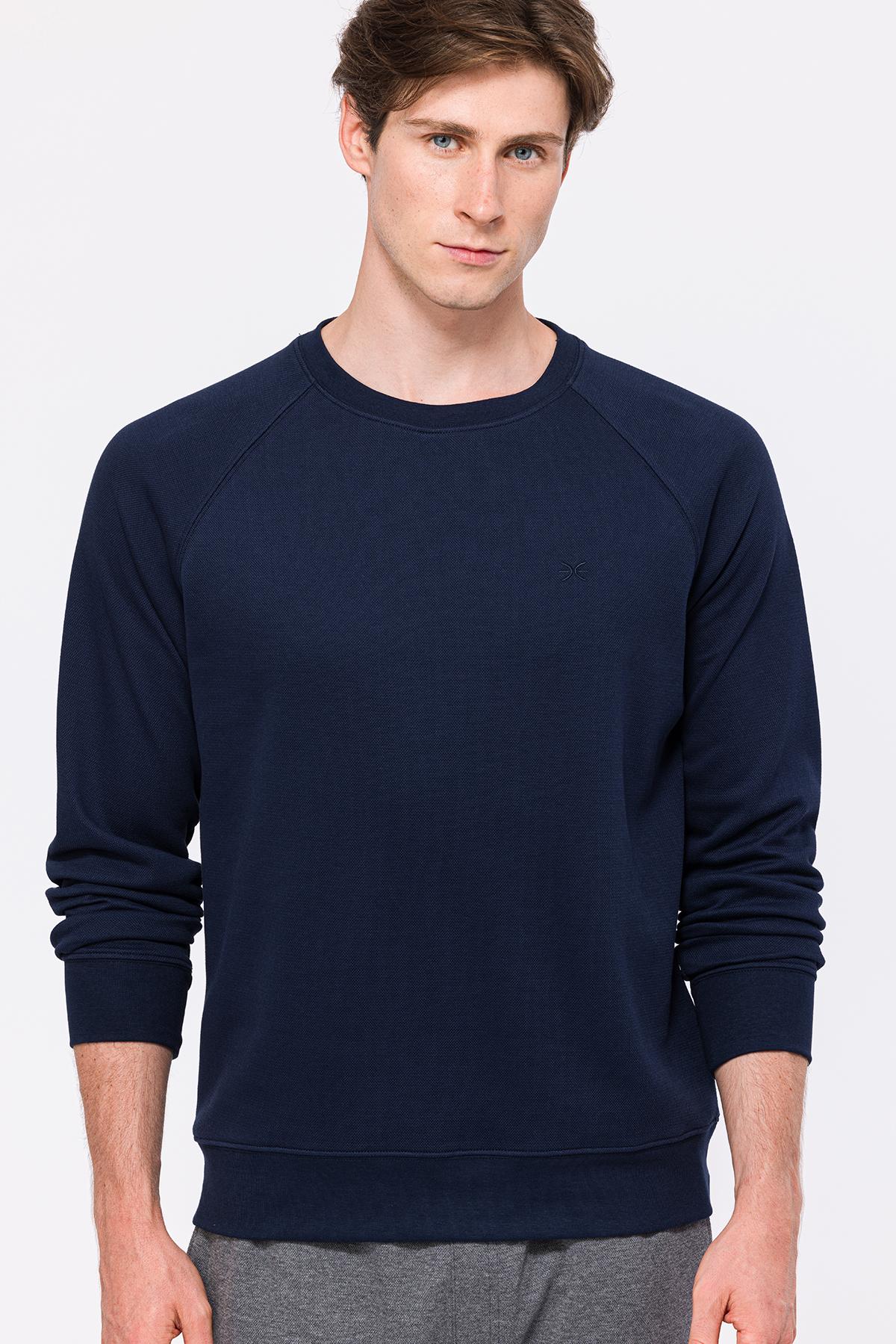 Erkek Lacivert Bisiklet Yaka Organik Pamuklu Sweatshirt