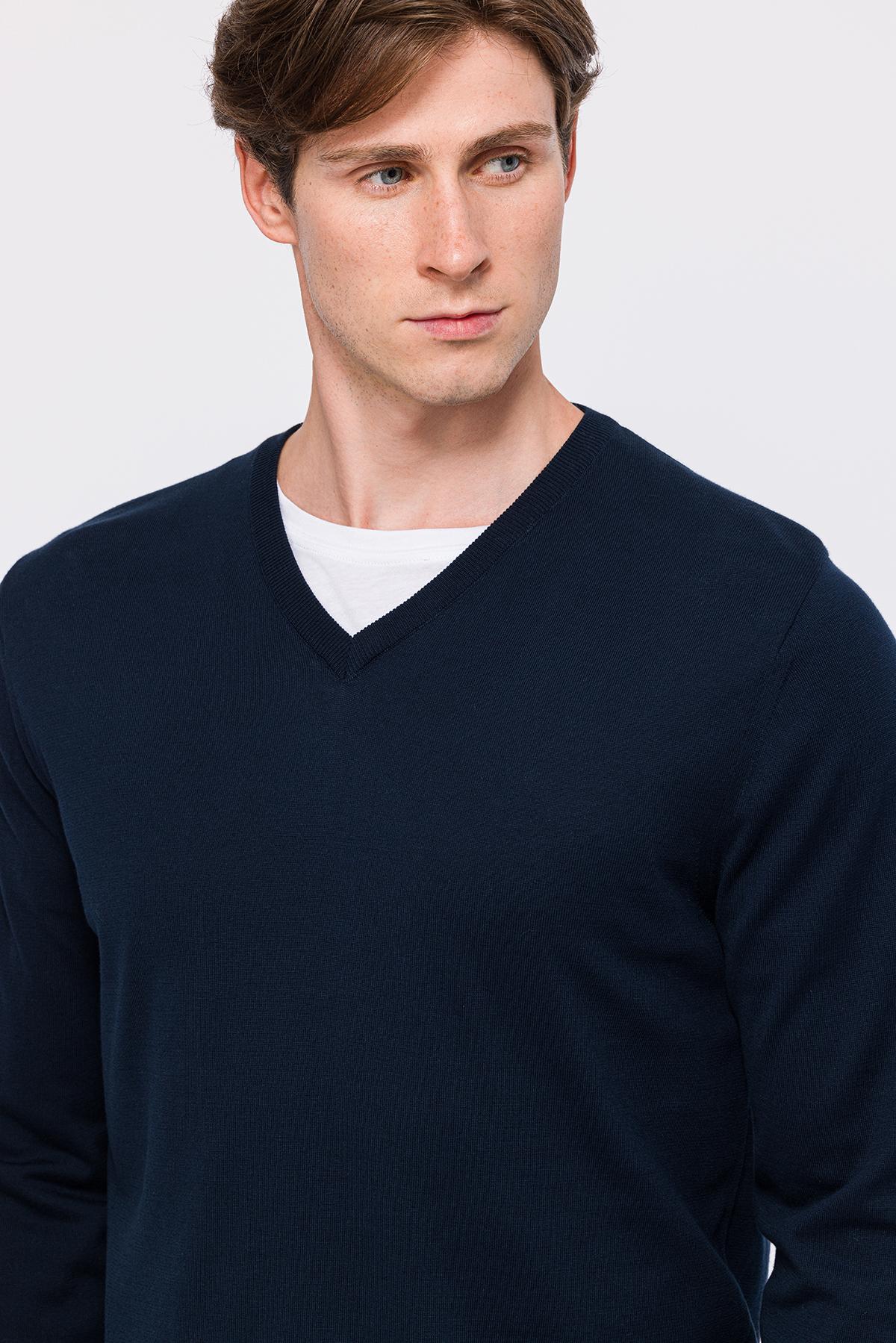 Erkek Lacivert Organik Pamuklu V Yaka Kazak