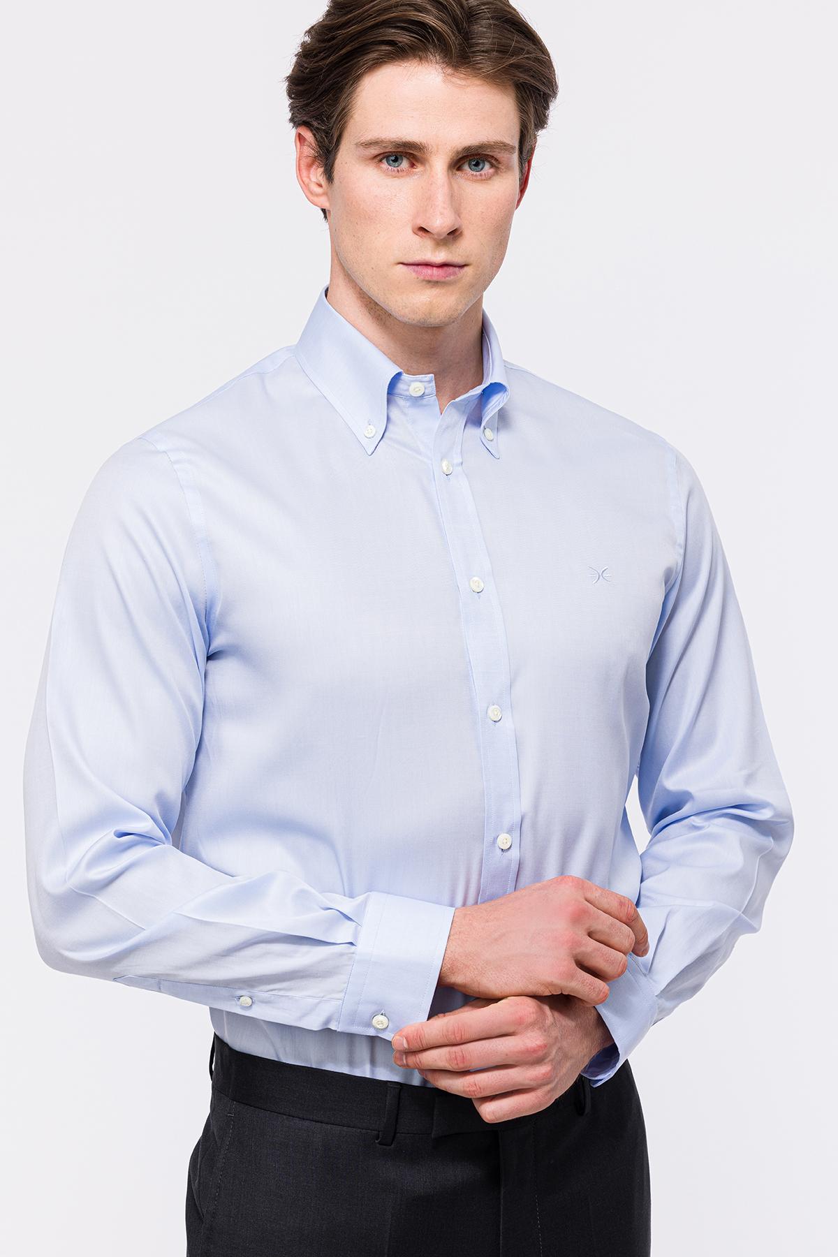Erkek Mavi Cooper Fit Düğmeli Yaka Klasik Gömlek