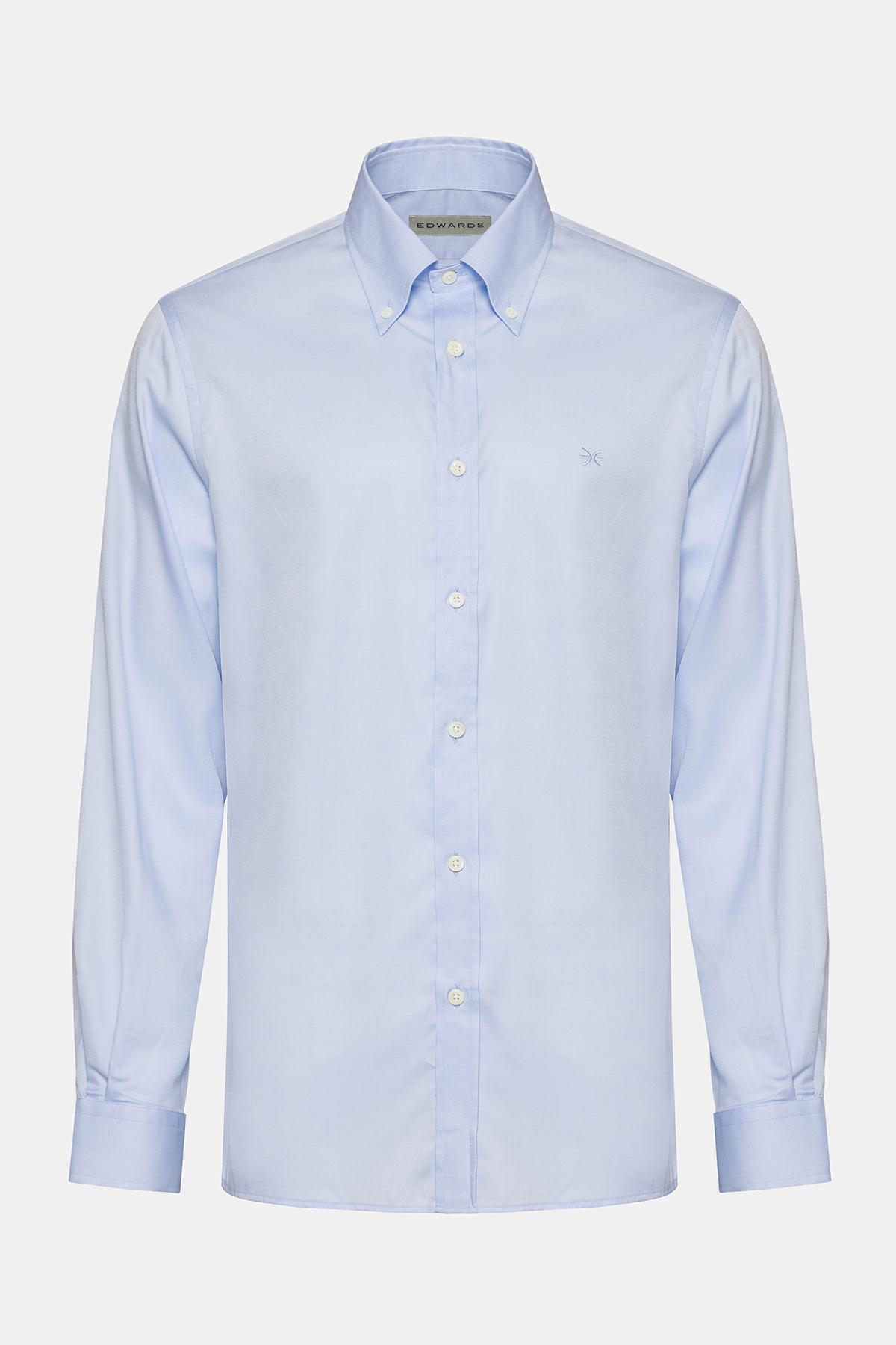 Erkek Mavi Cooper Fit Düğmeli Yaka Klasik Gömlek