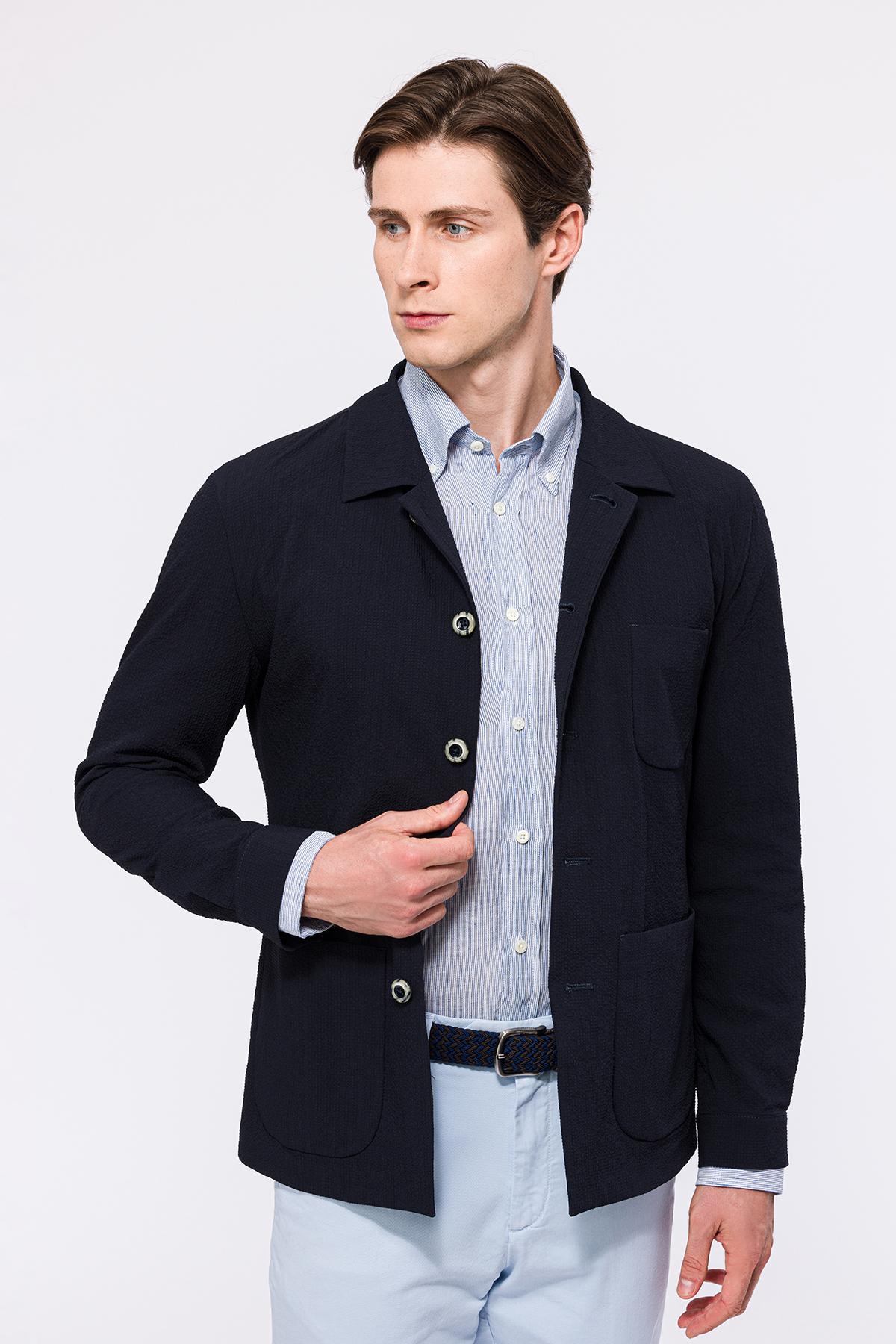 Erkek Lacivert Seersucker Casual Ceket