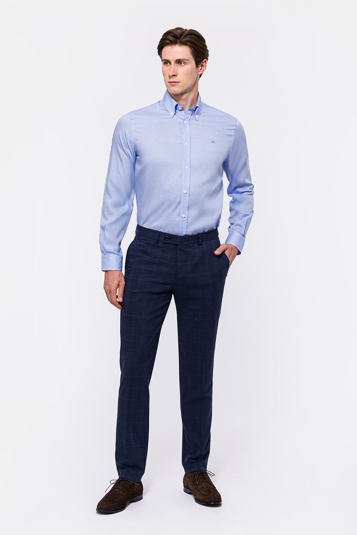 Erkek Mavi Cooper Fit Düğmeli Yaka Klasik Gömlek