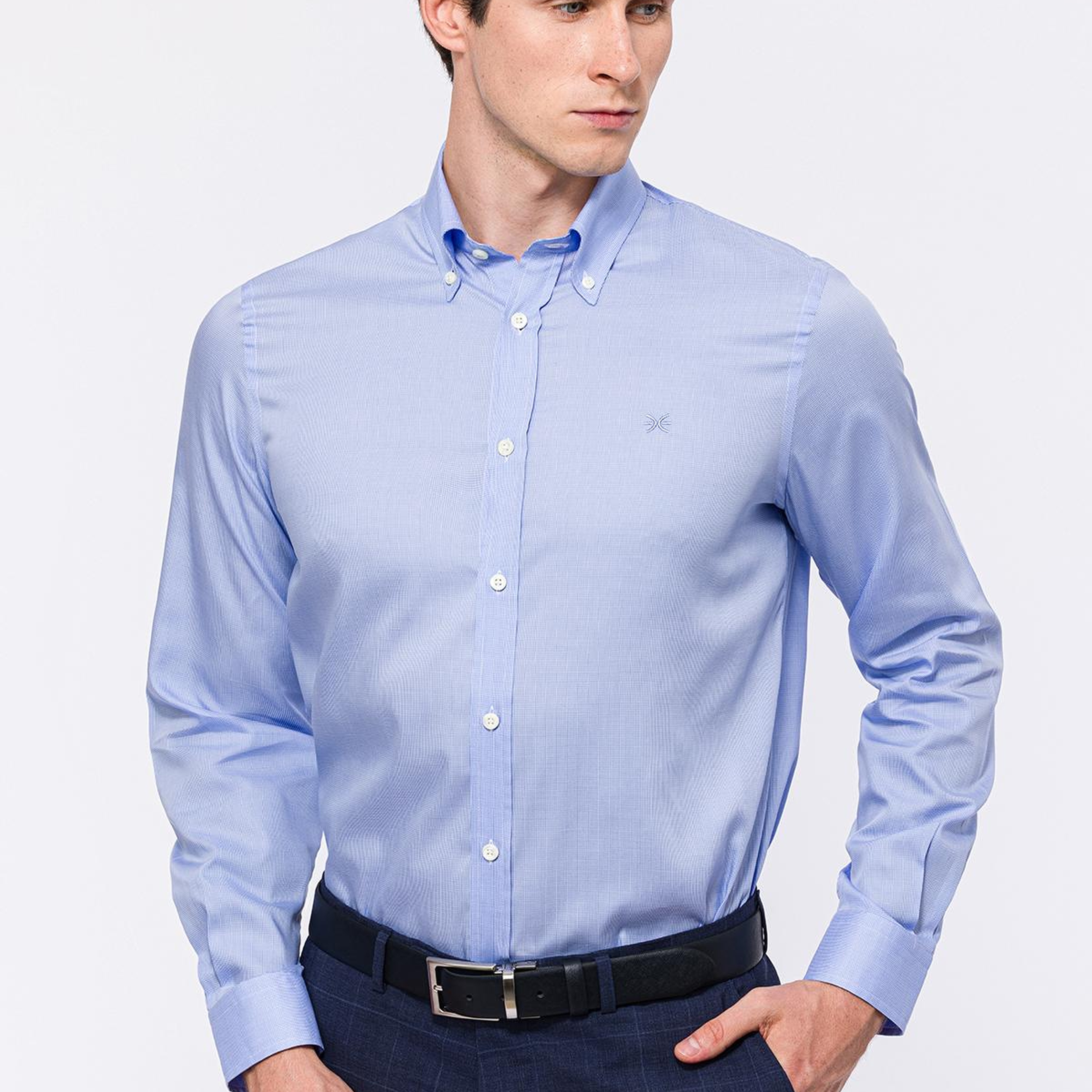 Erkek Mavi Cooper Fit Düğmeli Yaka Klasik Gömlek