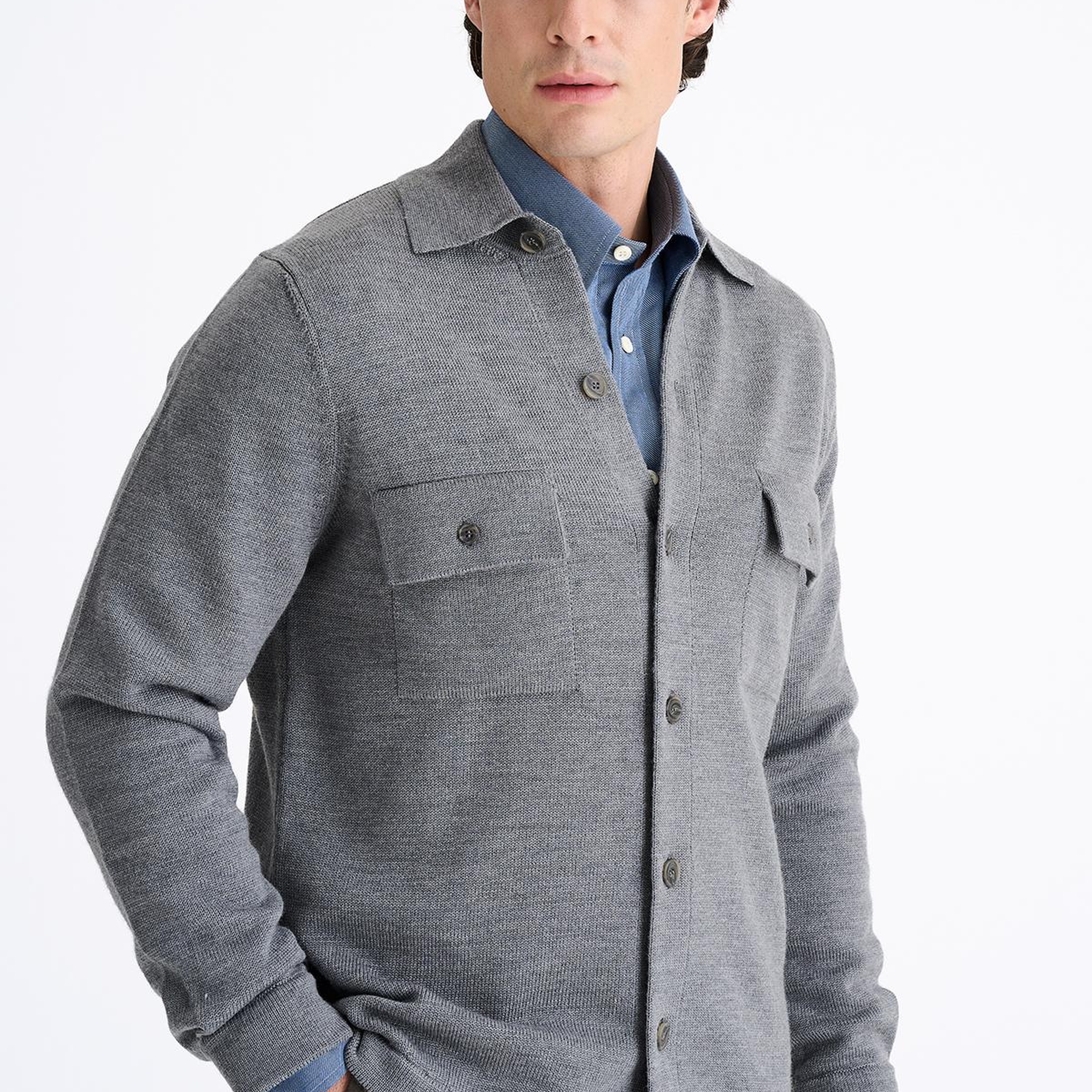 Erkek Gri Extrafine Yün Overshirt Triko