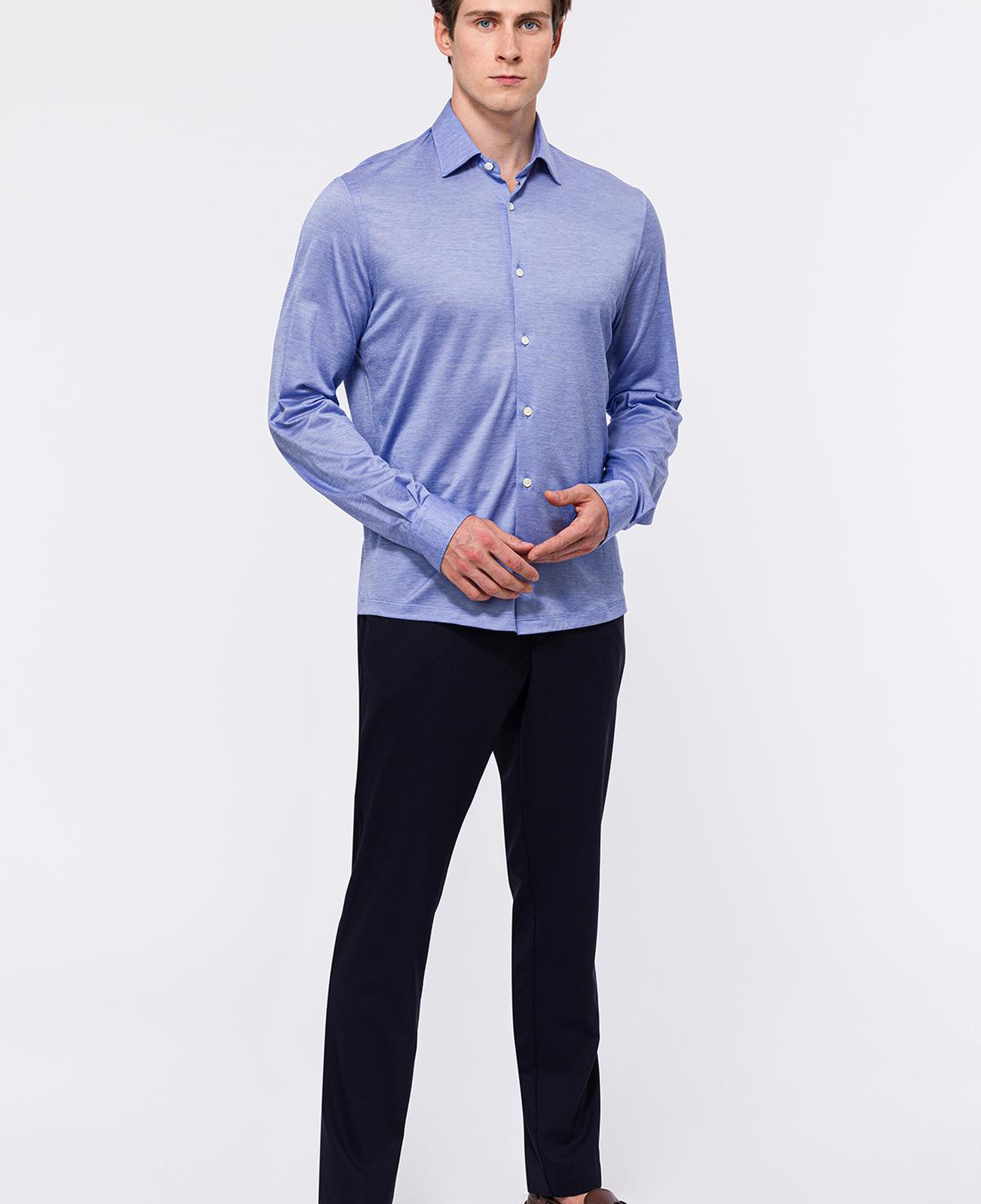 Erkek Mavi Cooper Fit Düğmeli Yaka Jersey Gömlek