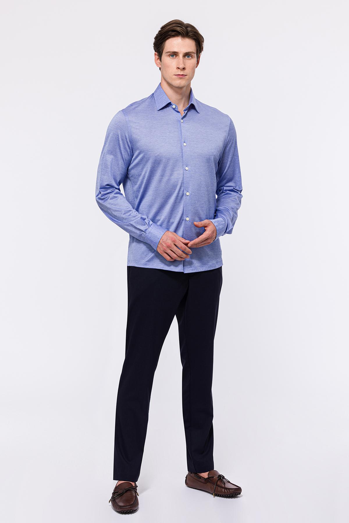 Erkek Mavi Cooper Fit Düğmeli Yaka Jersey Gömlek