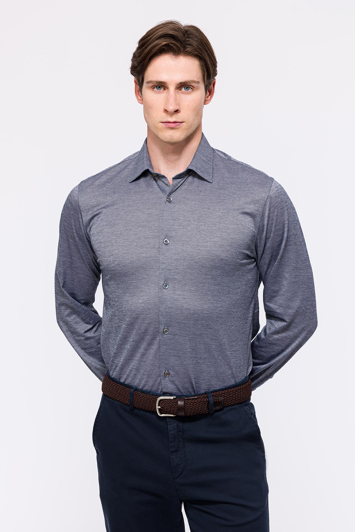 Erkek Gri Cooper Fit Düğmeli Yaka Jersey Gömlek
