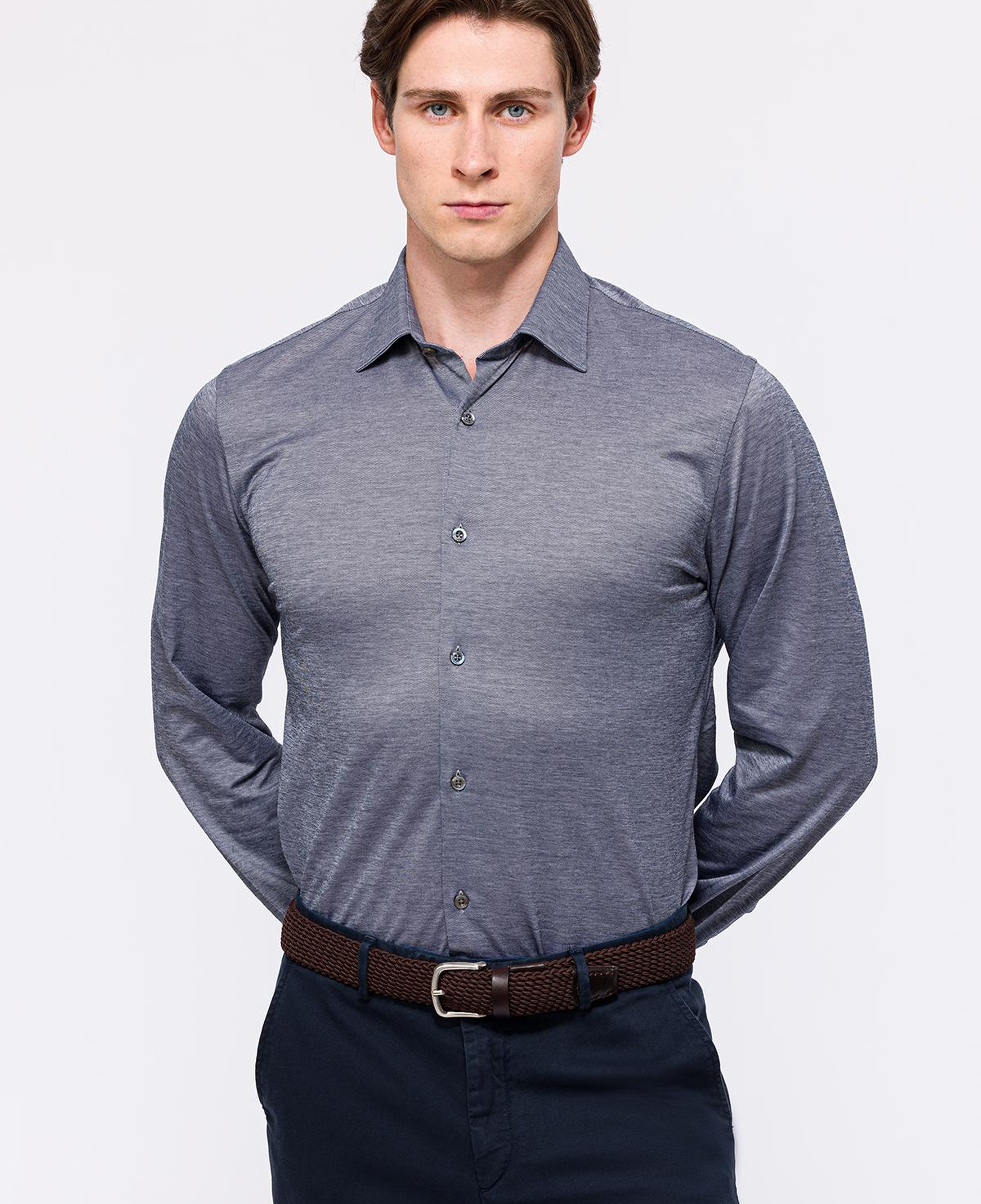 Erkek Gri Cooper Fit Düğmeli Yaka Jersey Gömlek