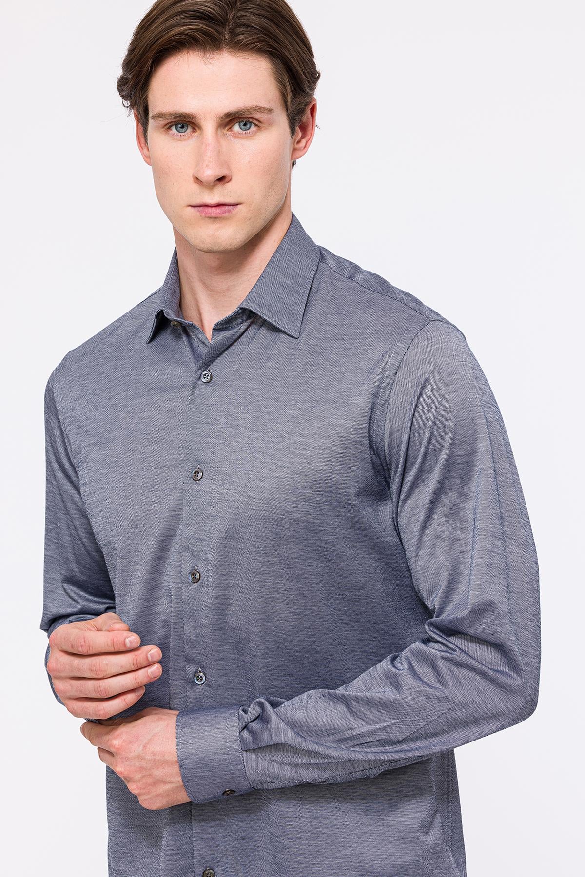 Erkek Gri Cooper Fit Düğmeli Yaka Jersey Gömlek